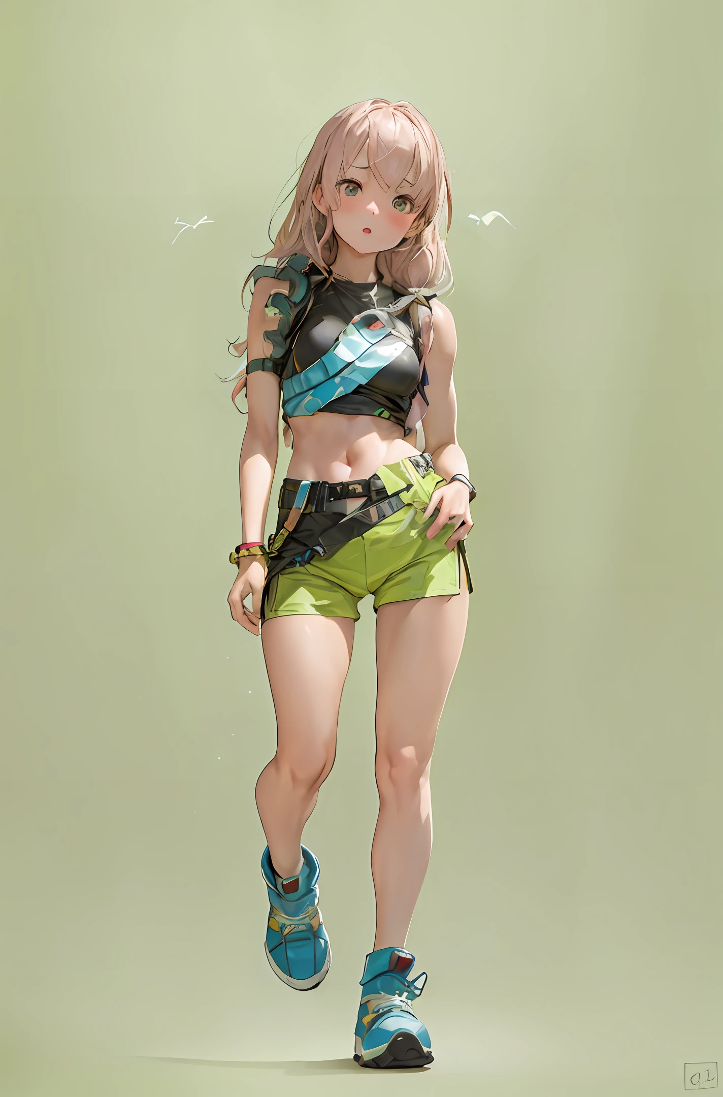 1 young girl,Head to body ratio of 1 to 6.5，cbzbb, charachter,cute, little, small breast,colorful, girl,(closeup portrait:1.4) of chaeryeong, tank top, short sleeve t-shirt,cargo pants,martin boots with thick sole, contrapposto, k-pop idol, (slender body:1.3), best quality, ultra high res, (photorealistic:1.3), 1girl, full body,large Accessories