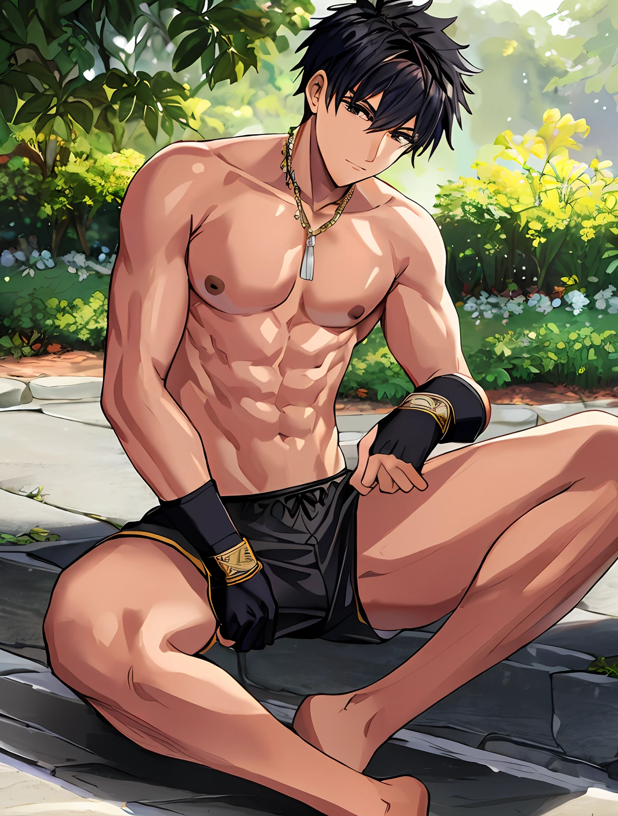 ((masterpiece)), (best quality), 1boy, ((masterpiece)), (best quality), (detailed), (1boy),1 muay thai kickboxer boy, spiky black hair, black eyes, tanned skin, lean body, handsome, shirtless, (black boxer shorts), white muay thai headband, black fingerless gloves, laying on street, midriff, navel, barefoot, 8k, detailed, ultra-detailed, absurdress