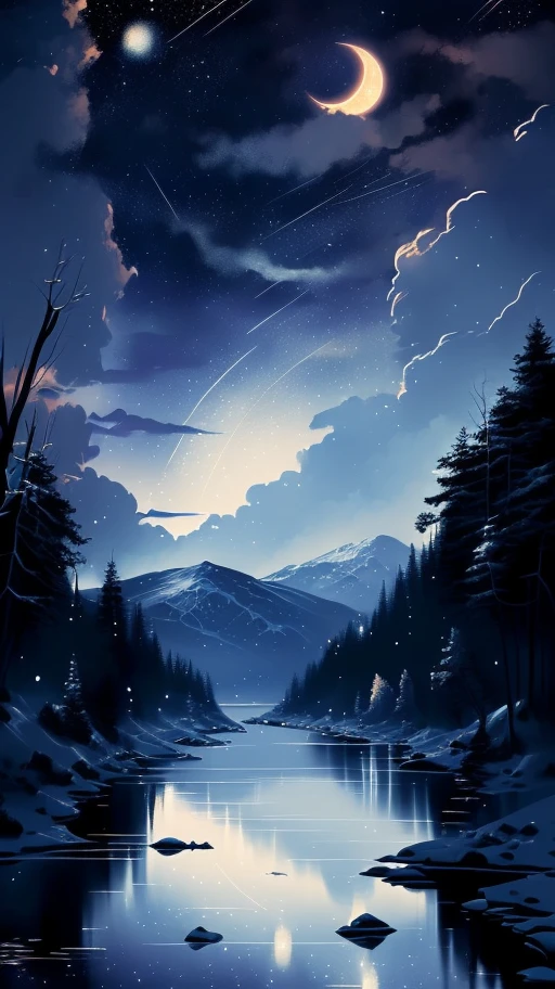 Starry night scene with lake and mountains in the background, jen bartel, crescent moon, background artwork, romantic night sky, stunning art style, landscape artwork, beautiful art uhd 4k, inspired by Christopher Balaskas, winter concept Art, inspired by Cyril Rolando, dan mumford and thomas kinkade, dan mumford and albert bierstadt, beautiful artistic illustrations, detailed digital painting, bright,