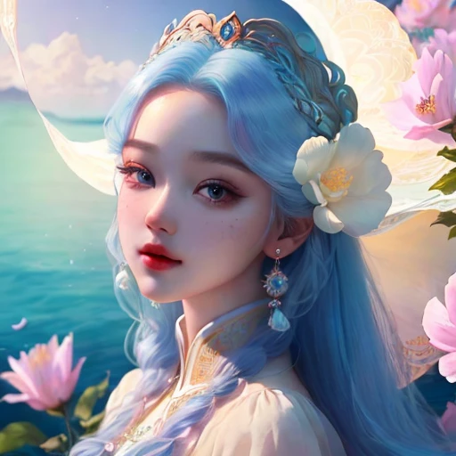 (4k quality, masterpiece, best quality, ultra-detailed), facial features are detailed, hair and eyes are detailed and realistic, ((1girl)), exquisite colored hair, gorgeous light and shadow, gorgeous background, exquisite clothes, flower sea background