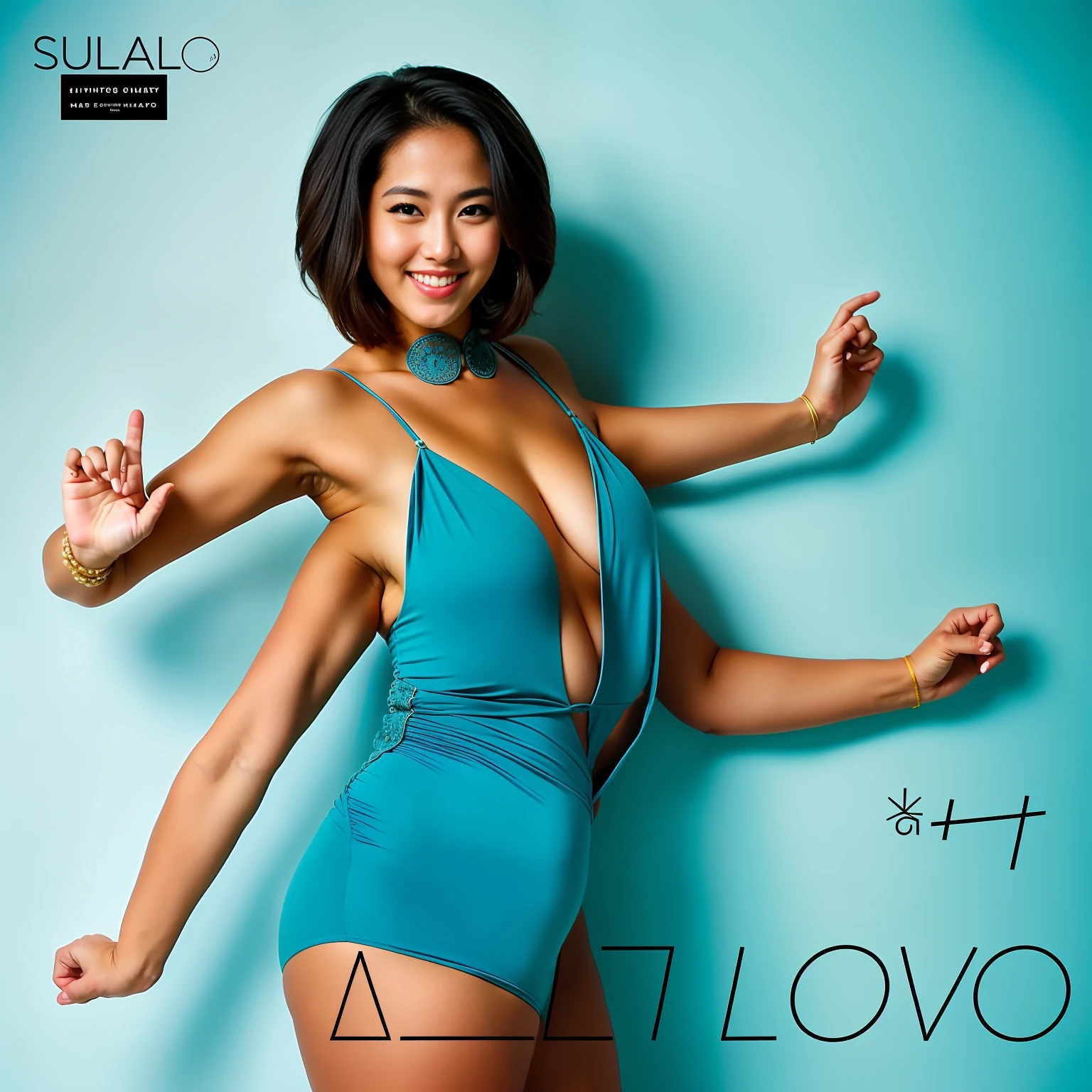 2heads, Extra arms, a woman posing for a picture, blue bra, curvy arms, incredibly beautiful, strong pose, very beautiful, arms to the side, 4 arms and 2 legs!, curvy arms, multiple arms, armpits fused to shoulders, normal hands, slender body, identical faces, 21 years old, upper body shoot, korean