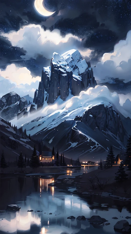 starry night sky with a river and a mountain in the background, painting of a dreamscape, blurred and dreamy illustration, calm night. digital illustration, dreamy illustration, blurry and dreamy illustration, moonlit starry sky environment, dreamy art, dreamy night, dreamlike digital painting, concept art magical highlight, detailed dreamscape, dreamy scene, dreamy matte painting, whimsical fantasy landscape art