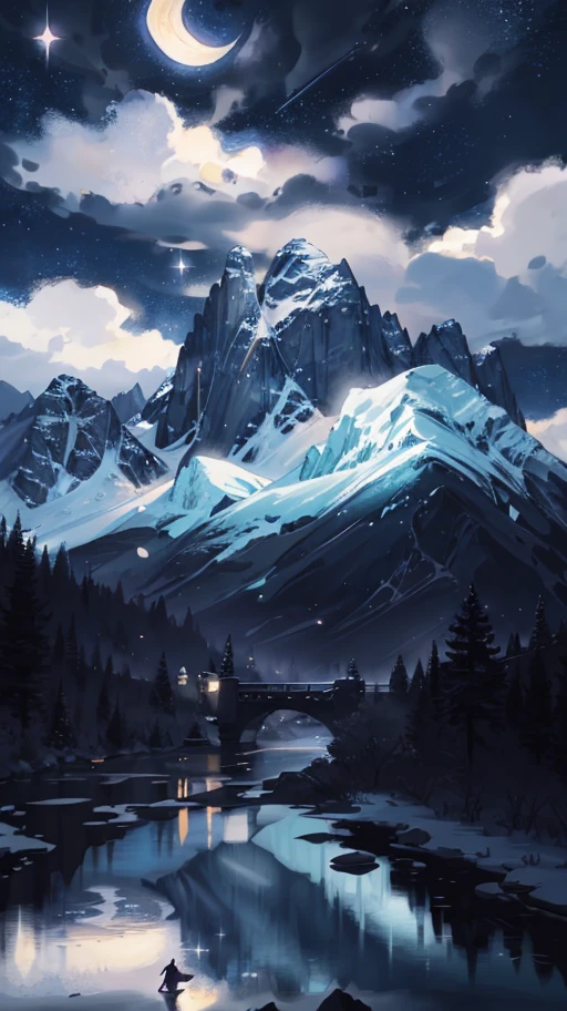 starry night sky with a river and a mountain in the background, concept art inspired by Tosa Mitsuoki, Artstation contest winner, magical realism, painting of a dreamscape, blurred and dreamy illustration, calm night. digital illustration, dreamy illustration, moonlit starry sky environment, blurry and dreamy illustration, dreamy art, dreamy night, dreamlike digital painting
