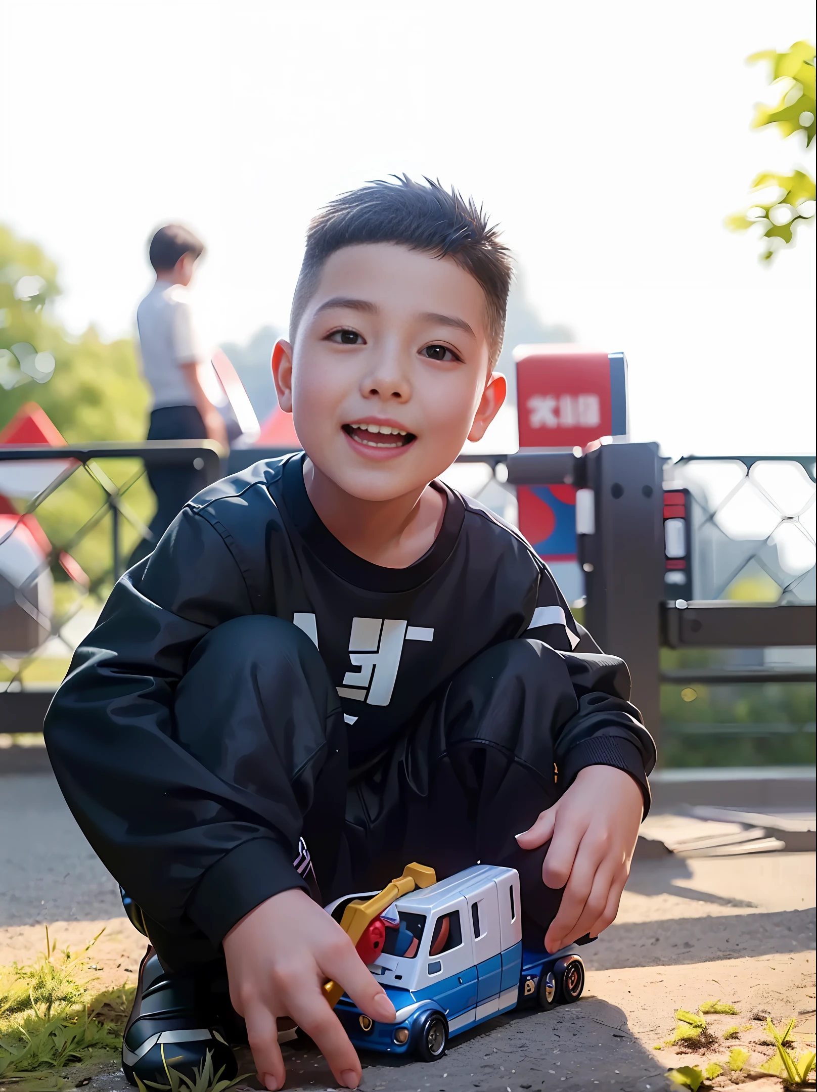 there is a young boy playing with a toy car on the ground, young boy, kid, happy kid, portrait picture, sangyeob park, photo taken with canon 5d, young child, little kid, kids, cute boy, portrait image, a picture, jaeyeon nam, xintong chen, yanjun chengt, at a park, handsome