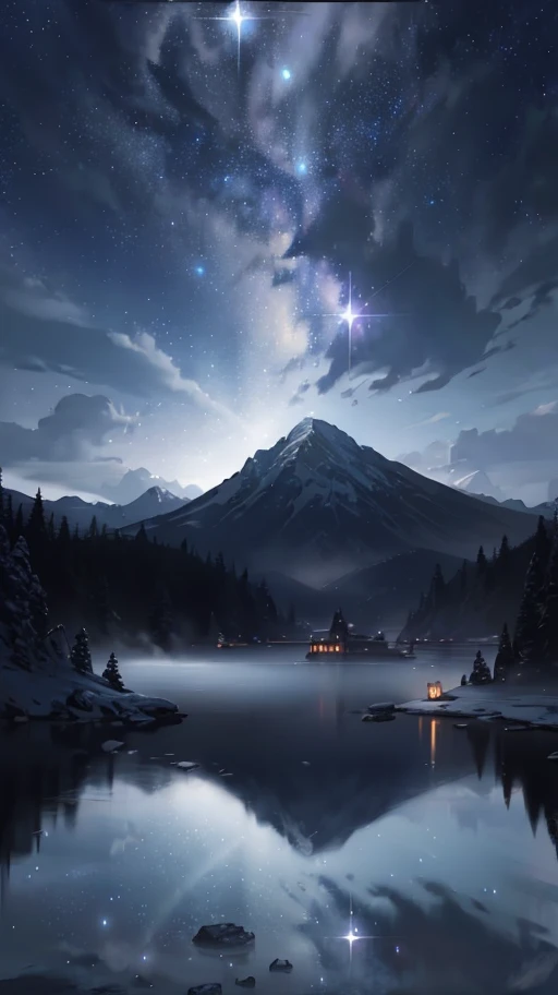 Starry Sky with Mountains and Lake, Jessica Rossier, Inspired by Jessica Rossier, Jessica Rossier Fantasy Art, Concept Art Magic Highlights, Official Artwork, Dream Painting, Ethereal Realm, Atmospheric artwork, dreamy matte paintings, serene endless stars inspired by Ted Nasmith, moonlit starry environments, epic music album covers.