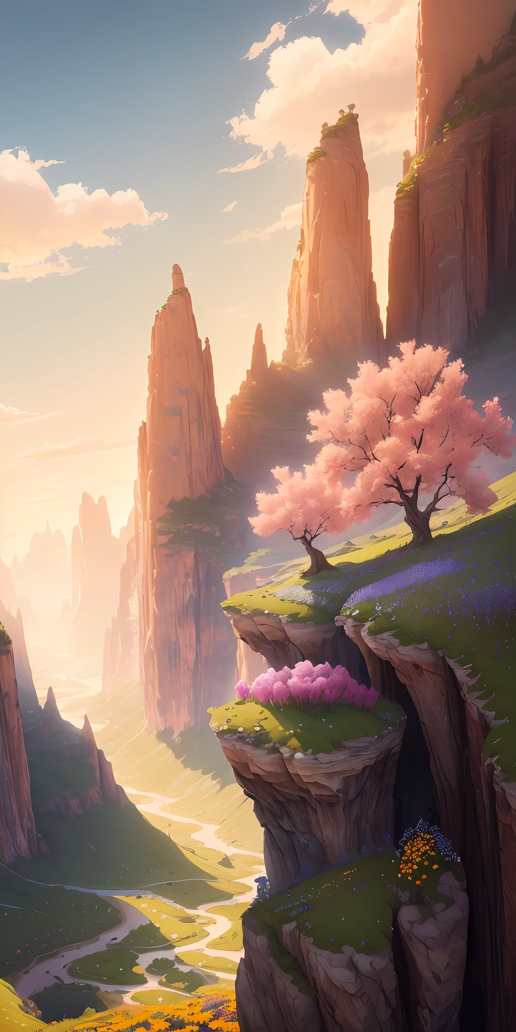 Masterpiece, best quality, high quality, highly detailed CG unity 8k wallpaper beautiful landscape oil painting valley flowers floating