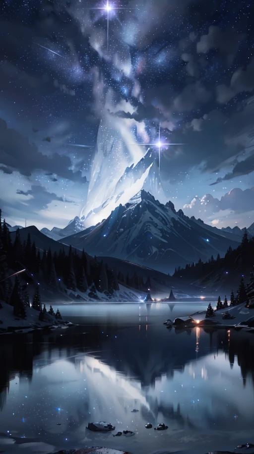 Starry Sky with Mountains and Lake, Jessica Rossier, Inspired by Jessica Rossier, Jessica Rossier Fantasy Art, Concept Art Magic Highlights, Official Artwork, Dream Painting, Ethereal Realm, Atmospheric artwork, dreamy matte paintings, serene endless stars inspired by Ted Nasmith, moonlit starry environments, epic music album covers.