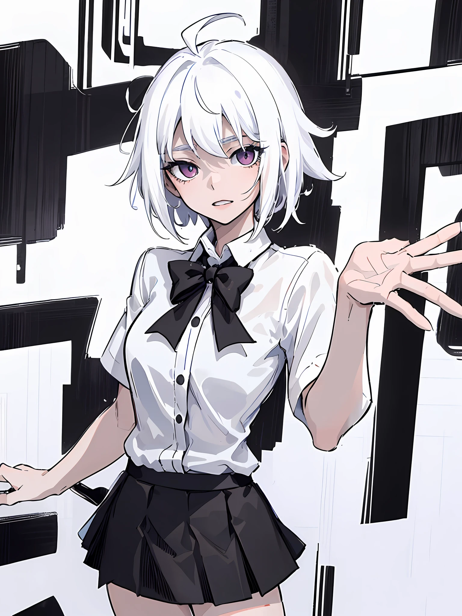 ((masterpiece, best quality)), (1girl), (solo), (female focus), (ahoge, white hair, short hair), black eyes, ((white shirt), (buttoned shirt)), ((black skirt), (short skirt)), standing, white background, arms behind back