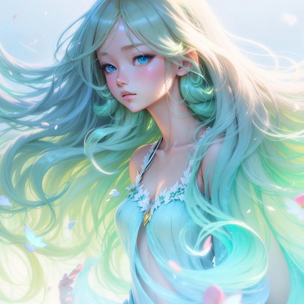 1girl, (ulzzang-6500:0.7), Over Shoulder, Colorful, Realistic, Long Hair, Top Quality, Glossy Skin, Short Sleeves, Smile, Game CG Anime girl with long green hair and blue eyes and a white dress , detailed digital anime art, digital anime art, anime style digital art, pixiv digital art, beautiful anime portraits, beautiful anime girl, long haired anime girl, smooth anime cg art, anime digital art, advanced digital anime art, anime style 4k, deviantart artstation cgscosiety