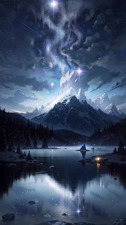 Starry Sky with Mountains and Lake, Jessica Rossier, Inspired by Jessica Rossier, Jessica Rossier Fantasy Art, Concept Art Magic Highlights, Official Artwork, Dream Painting, Ethereal Realm, Atmospheric artwork, dreamy matte paintings, serene endless stars inspired by Ted Nasmith, moonlit starry environments, epic music album covers.