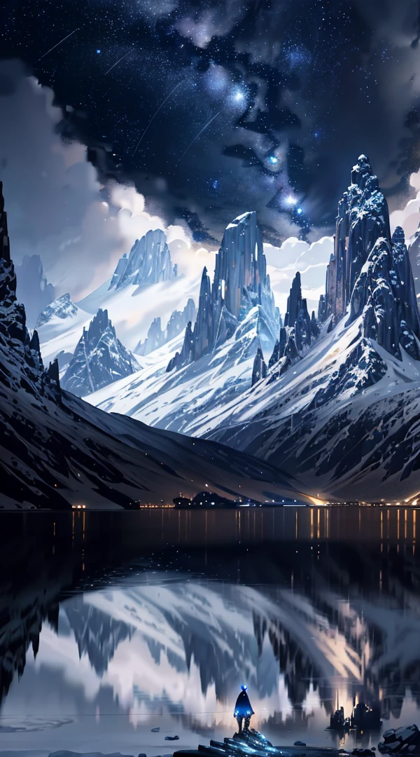 starry night scene with a lake and mountains in the background, concept art inspired by Christopher Balaskas, Artstation contest winner, fantasy art, 4k highly detailed digital art, 4k detailed digital art, epic dreamlike fantasy landscape, fantasy landscape painting, magical landscape, fantasy art landscape, epic beautiful landscape, epic fantasy digital art style, highly detailed digital painting