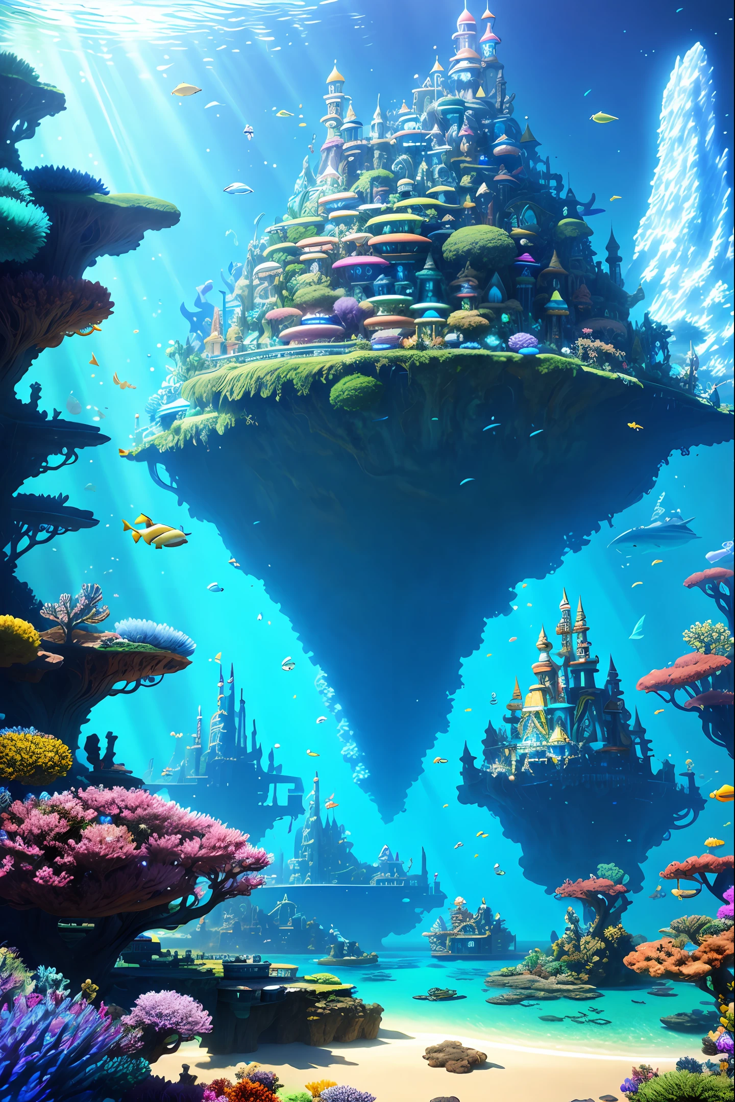 Ultrawich fantasy world painting, underwater world, Atlantis, science fiction, lighting, Studio Ghibli, Unreal Engine, epic composition, CG digital rendering, ultra-high definition, rich technical details, ternary color matching