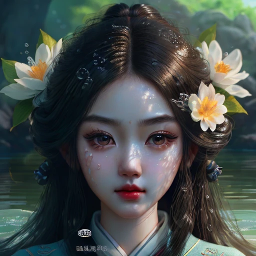 2 KeywordsExtremely detailed CG group, 8k wallpaper, best quality, noon, beautiful detail water, black long hair, beautiful detail girl, serafuku, straight look, eyeball, hair flower, close-up
