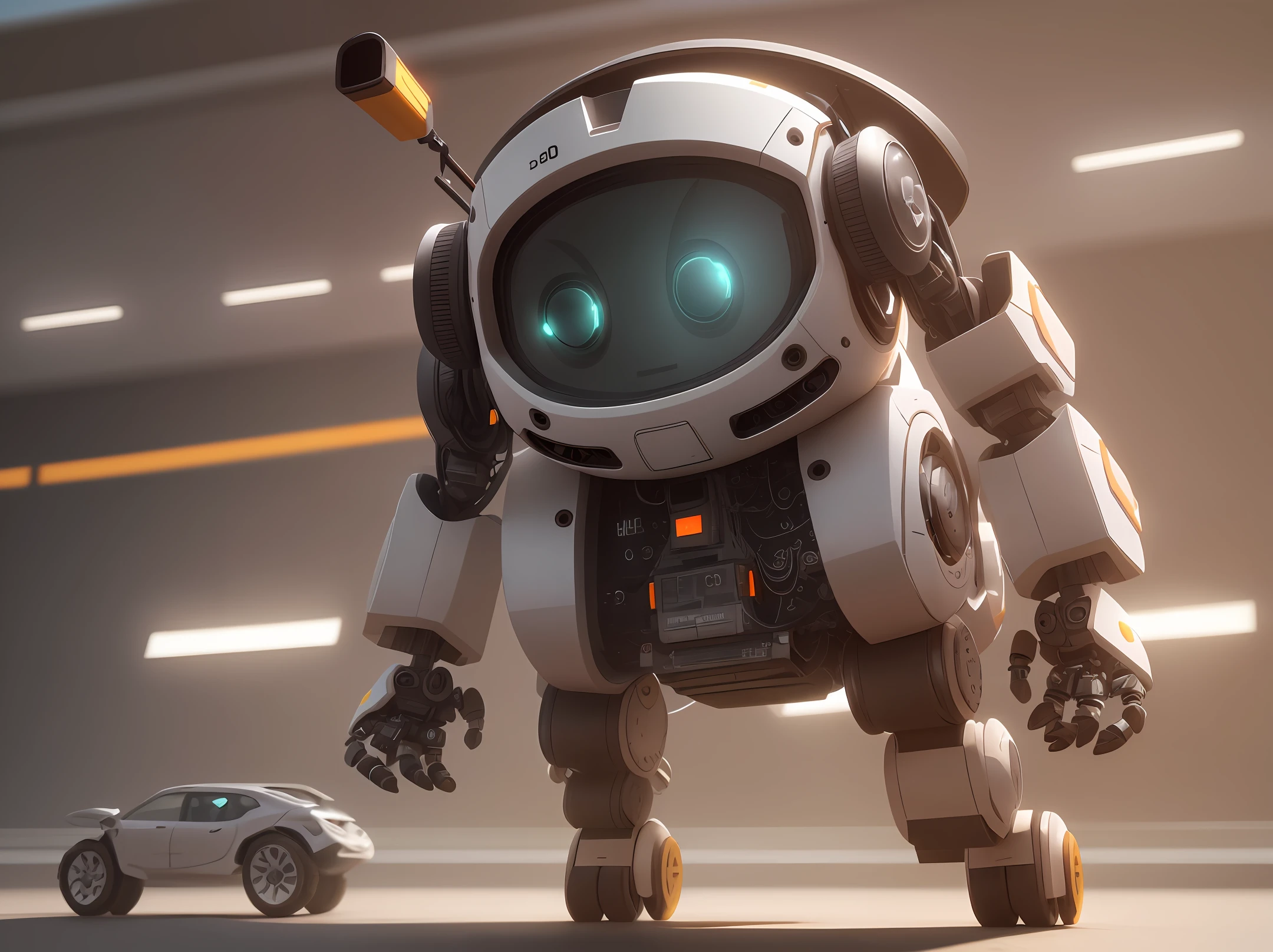 Cute and simple robot ip, the whole body has extremely delicate features, eyes wear technology glasses, ears wear headphones, feet are in the shape of wheels, car elements can be seen everywhere, with edge lighting, presenting 8K best quality ultra-detailed robot image, 3D rendering The technology support of software C4D, Blender and OC renderer can realize ultra-high-definition 3D rendering effect.