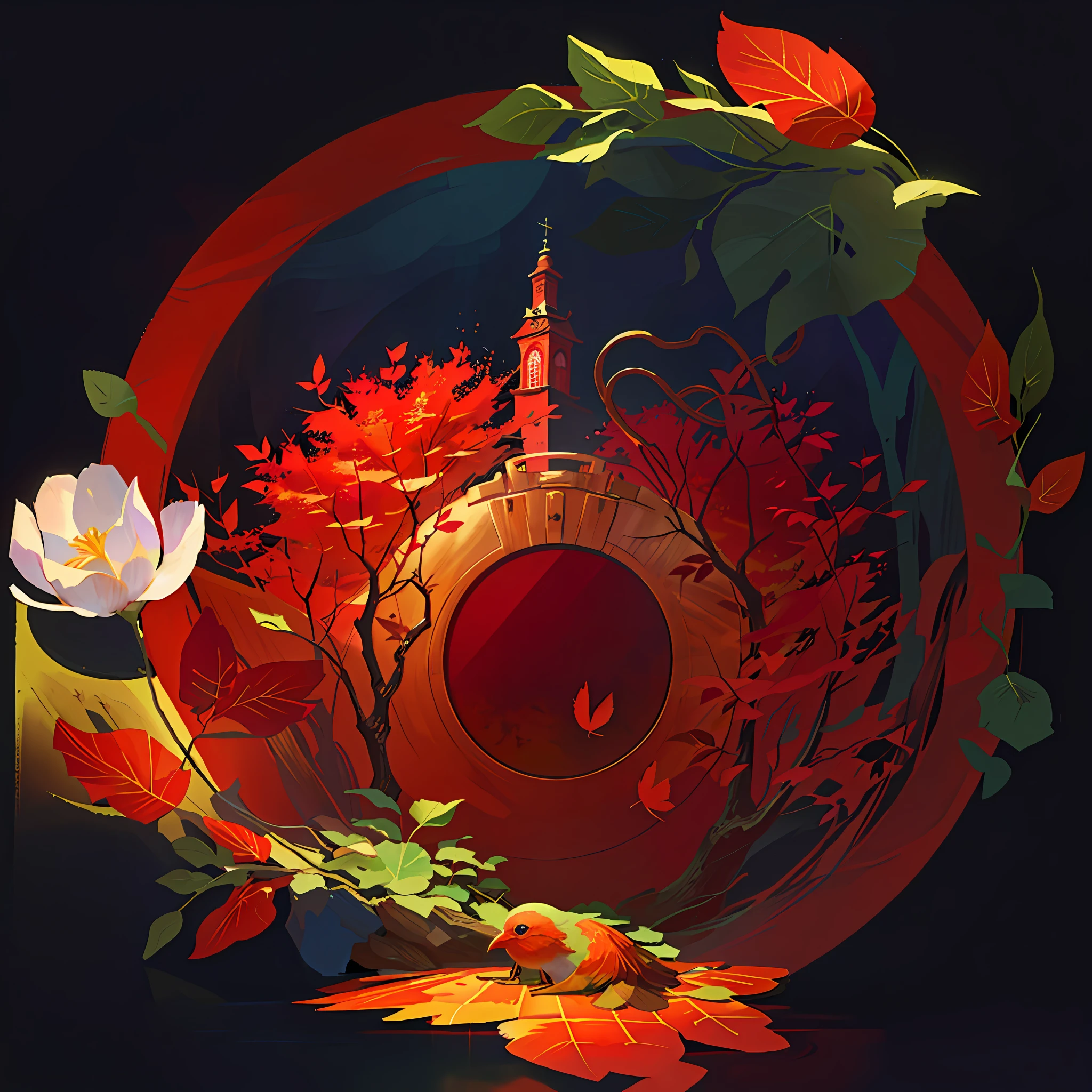 There is a round frame, round wooden frame with a bunch of leaves and a bird, beautiful digital artwork, 3d render stylized, leaves and magic, stylized 3d render, stylized digital art, very beautiful digital art , fantastic magical vegetation, stylized for 3d render, magical fairytale background, 3d art render, cycles4d render, 3d render digital art