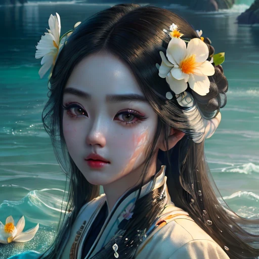 (8k wallpaper, best quality, CG groups: 2, noon, beautiful details of water, black long hair girl, serafuku, straight look, eye expression, hair flower, close-up: 1.2)