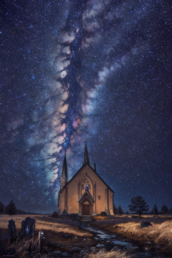 a dark sky with a church and a lot of stars, astrophotgraphy, milkyway light, the sky has the milky way, the milk way up above, spectacular milky way, milkyway, night sky photography, night covered in stars, milky way, by Greg Staples, starry skies, beautiful and mysterious, stary sky, the milky way in the sky, space photography