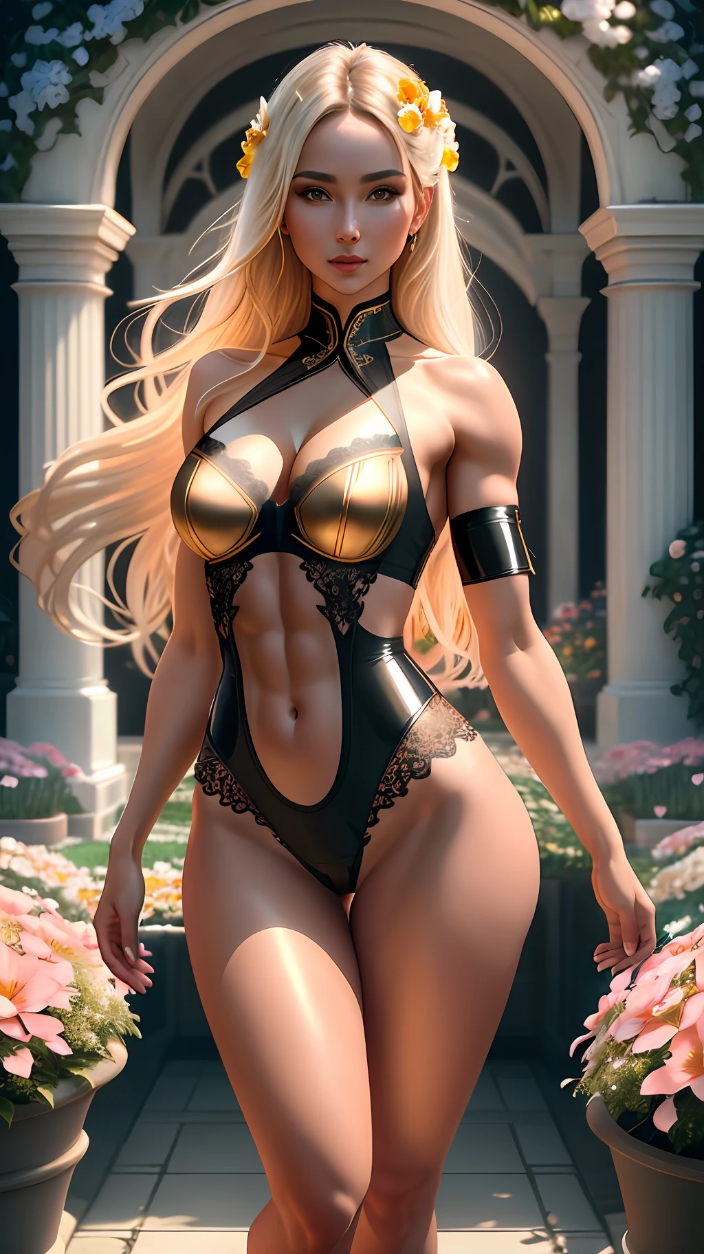hyper-realistic super-detailed body of a slender woman 30 years old in full growth, dainty little body, small breasts, chest size e, show through,  European, (latex lace sexy underwear fashion show)), (poses standing with legs apart (in the flower garden)), body in oil, cleavage, many details on clothes, photo session, long hair, [:(detailed face:1.2):0.2], real perfect female anatomy, beautiful abs, beautiful symmetrical face, beautiful natural make-up, anatomically correct hands, perfect facial anatomy, high-quality textures, Ultra Photorealistic, sharp focus, contrasting light, accurate rays, grainy skin, intricate detailing, professional color correction, digital art, High Detail, Depth of Field, HDR Realistic, Photorealistic, White Color Correction, Ultra Photorealistic, Super Detailed, Intricate Details, Full Color, Volumetric Lighting, High Contrast, Golden Hour Award Winning, Best Photo, fia Professional Photography, 4D Rendering, Octane Rendering, Popular on artstation, behance winner, erte 12k, super sharp focus, 64K, UHD, (ripped clothing:0.8), perfect face, looking at viewer, (detailed skin: 1), natural lighting, (direct light:0.2), 8mm film grain, photographed on a Sony a9 II, 24mm lens, F/1.8 aperture, deep focus, (RAW), 64k