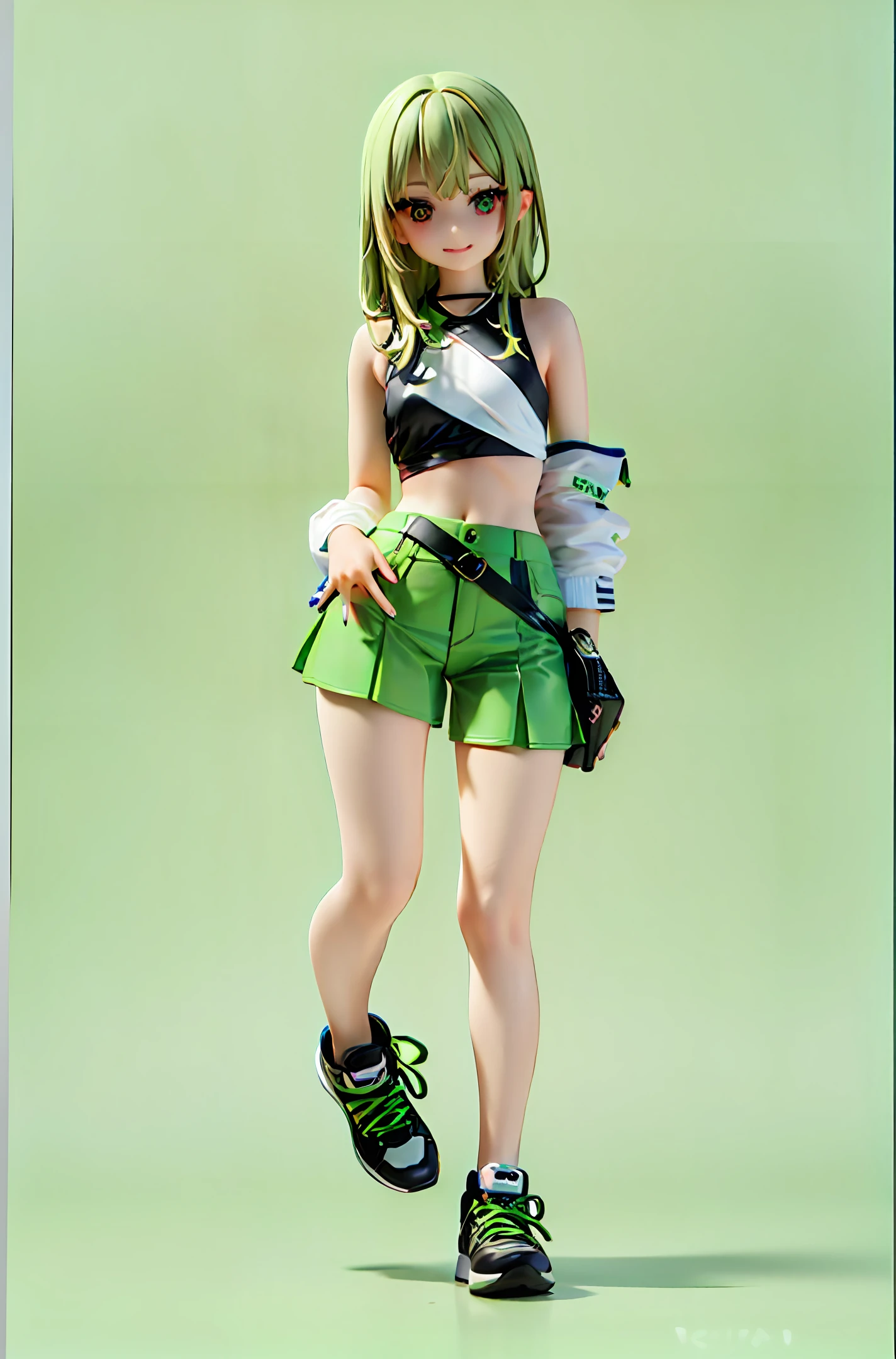 Young girl, chibi, 1girl, lHead to body ratio 1:6.5, cbzbb, character, cute, small, pretty, Devian Art, Trending Artstation, digital art, detail, cute, realistic, character, Tiny, Cinematic Lights, smile , crop top, bare arms, (shoulder: 1.9), long hair, Kpop idol, short sleeve T-shirt, (miniskirt: 1.7), colorful, full body, wearing sneakers, beautiful eyes, sparkling, pretty Face, (color laser transparent PVC material), interference film, full body, beautiful eyes, beautiful eyes, accessories, character concept design, green background, masterpiece, high quality, high resolution {beautiful detail eyes: 1.4}, ( super fine detail), (very detailed, beautiful: 1.2), (delicately beautiful, cute face: 1.3), glowing eyes