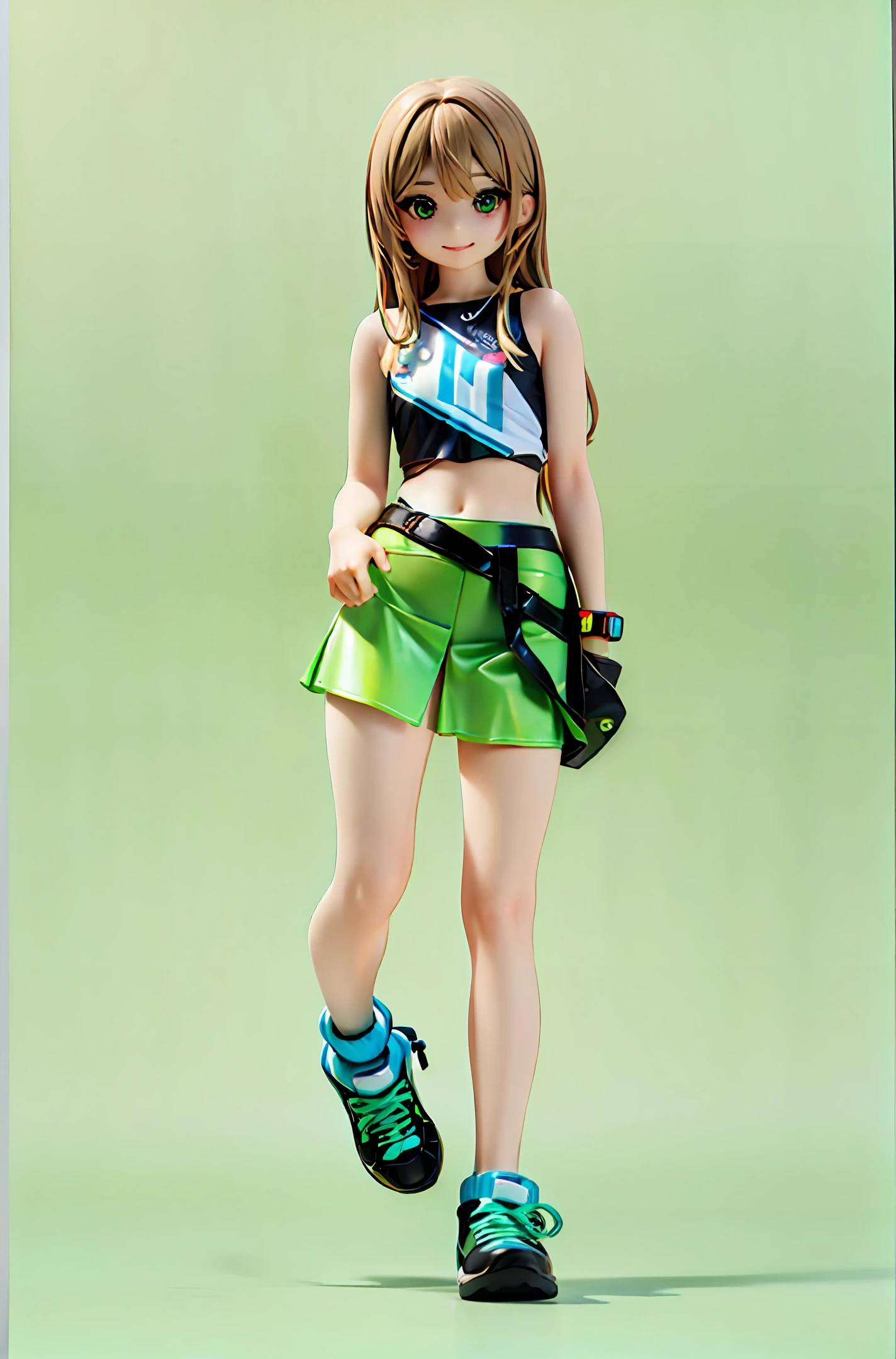 Young girl, chibi, 1girl, lHead to body ratio 1:6.5, cbzbb, character, cute, small, pretty, Devian Art, Trending Artstation, digital art, detail, cute, realistic, character, Tiny, Cinematic Lights, smile , crop top, bare arms, (shoulder: 1.9), long hair, Kpop idol, short sleeve T-shirt, (miniskirt: 1.7), colorful, full body, wearing sneakers, beautiful eyes, sparkling, pretty Face, (color laser transparent PVC material), interference film, full body, beautiful eyes, beautiful eyes, accessories, character concept design, green background, masterpiece, high quality, high resolution {beautiful detail eyes: 1.4}, ( super fine detail), (very detailed, beautiful: 1.2), (delicately beautiful, cute face: 1.3), glowing eyes