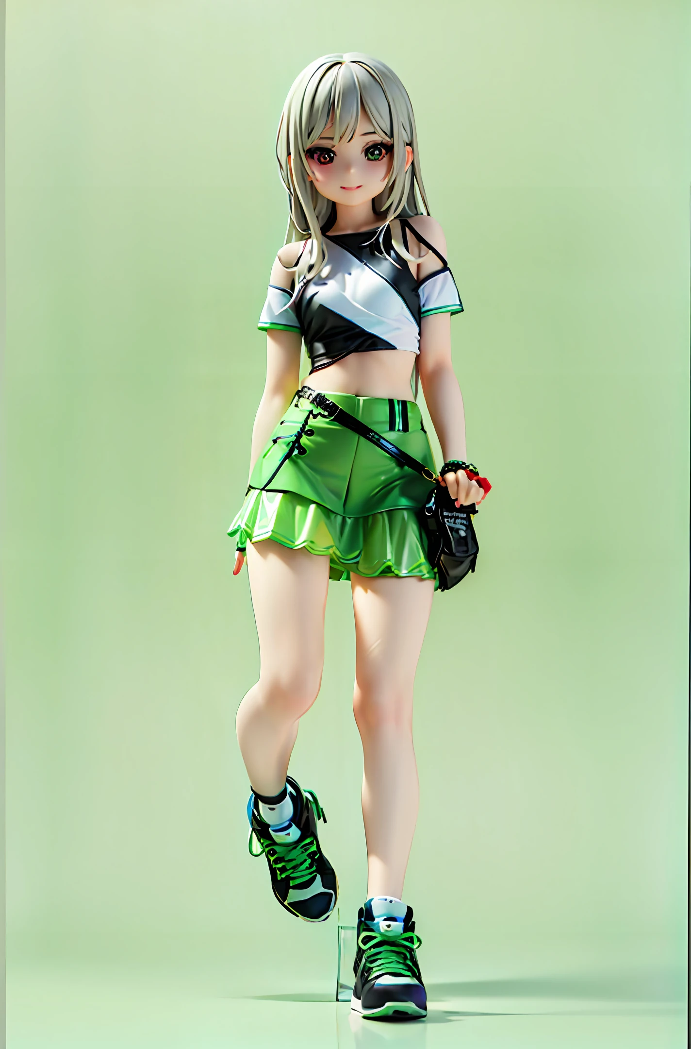 Young girl, chibi, 1girl, lHead to body ratio 1:6.5, cbzbb, character, cute, small, pretty, Devian Art, Trending Artstation, digital art, detail, cute, realistic, character, Tiny, Cinematic Lights, smile , crop top, bare arms, (shoulder: 1.9), long hair, Kpop idol, short sleeve T-shirt, (miniskirt: 1.7), colorful, full body, wearing sneakers, beautiful eyes, sparkling, pretty Face, (color laser transparent PVC material), interference film, full body, beautiful eyes, beautiful eyes, accessories, character concept design, green background, masterpiece, high quality, high resolution {beautiful detail eyes: 1.4}, ( super fine detail), (very detailed, beautiful: 1.2), (delicately beautiful, cute face: 1.3), glowing eyes