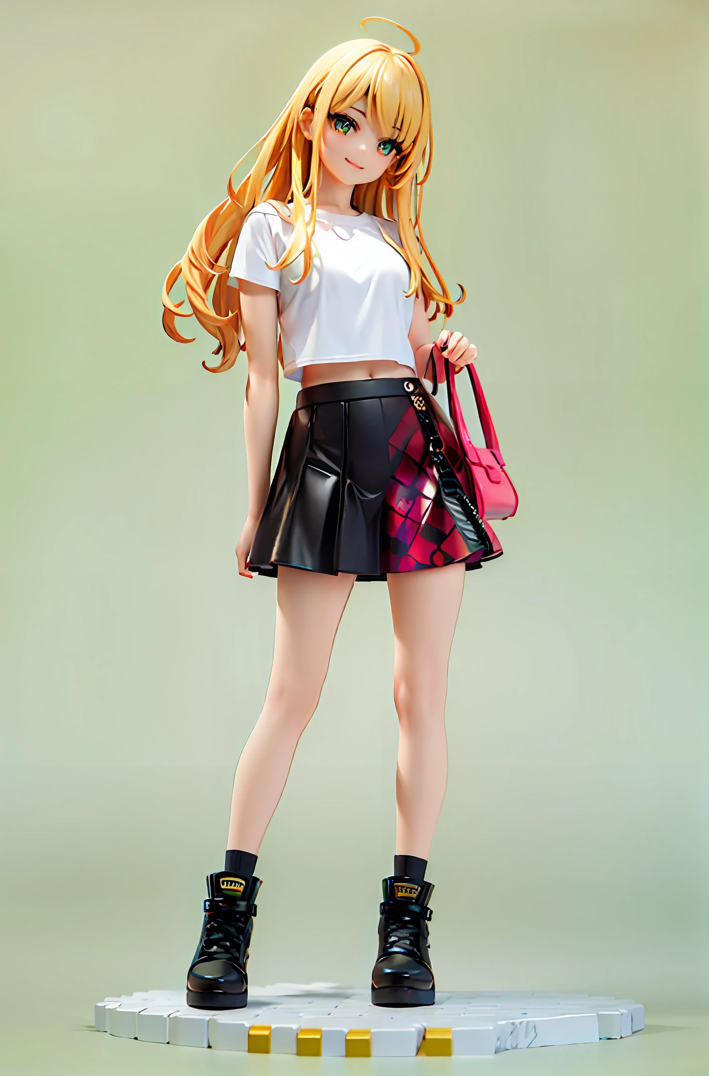 Young girl, 1girl, lHead to body ratio 1:6.5, cbzbb, character, cute, small, pretty, Devian Art, Trending Artstation, digital art, detail, cute, realistic, character, Tiny, Cinematic Lights, smile , crop top, bare arms, (shoulder: 1.9), long hair, Kpop idol, short sleeve T-shirt, (miniskirt: 1.7), colorful, full body, wearing sneakers, beautiful eyes, sparkling, pretty Face, (color laser transparent PVC material), interference film, full body, beautiful eyes, beautiful eyes, accessories, character concept design, green background, masterpiece, high quality, high resolution {beautiful detail eyes: 1.4}, ( super fine detail), (very detailed, beautiful: 1.2), (delicately beautiful, cute face: 1.3), glowing eyes
