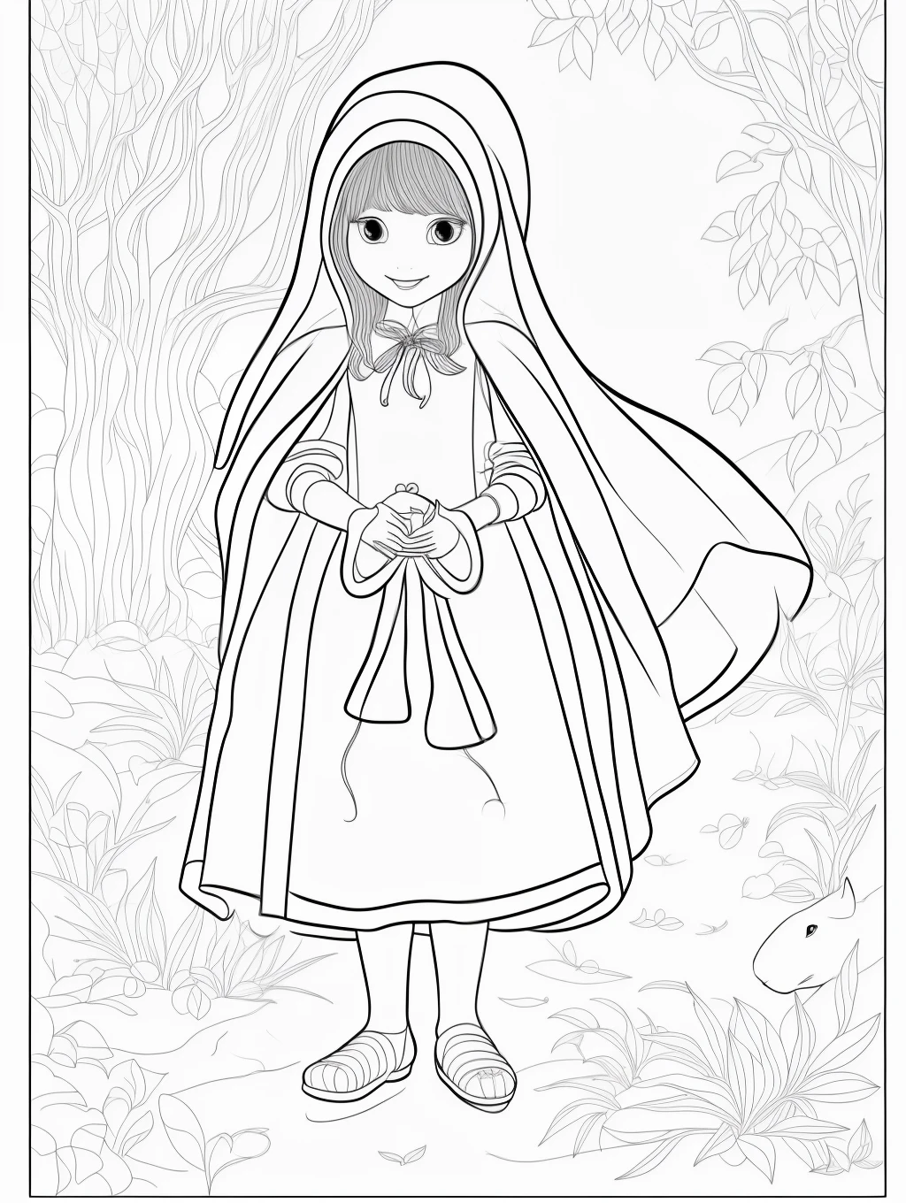 clean coloring book page，Little Red Riding Hood, vector lines,no background, black outline only，children's art by Youko Furugoori