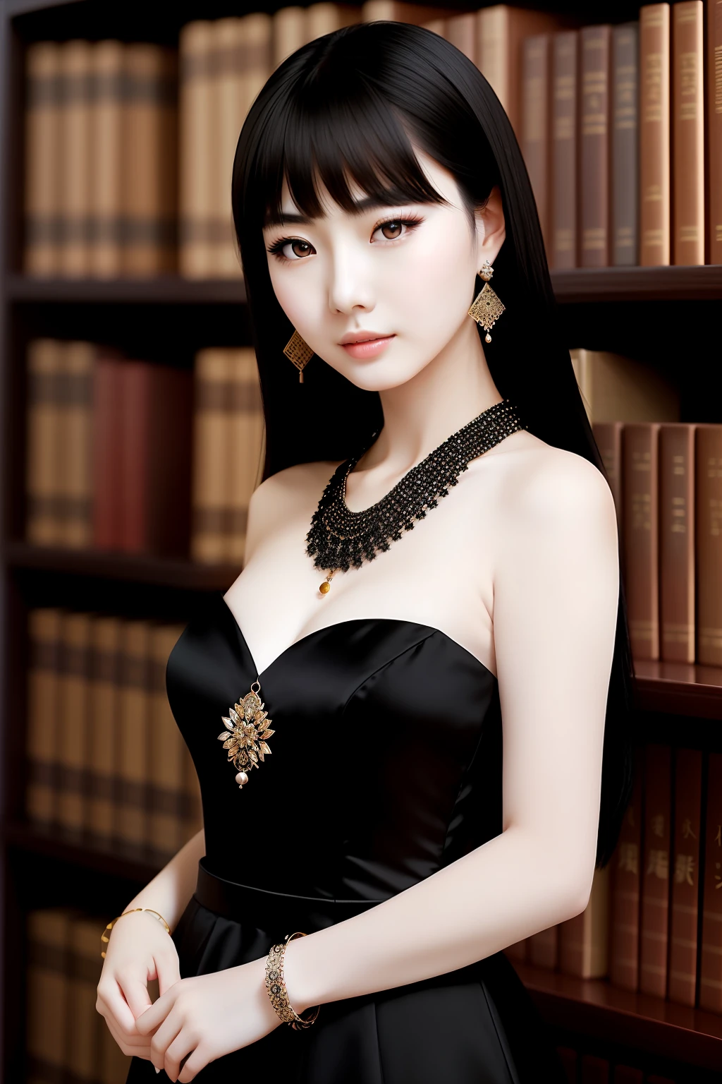 Photo of beautiful Chinese woman, black hair, (dark eyes), wearing black dress, jewelry, bracelets, library, (pale skin), (full body), detailed, high detail, sharp focus, depth of field, photorealistic