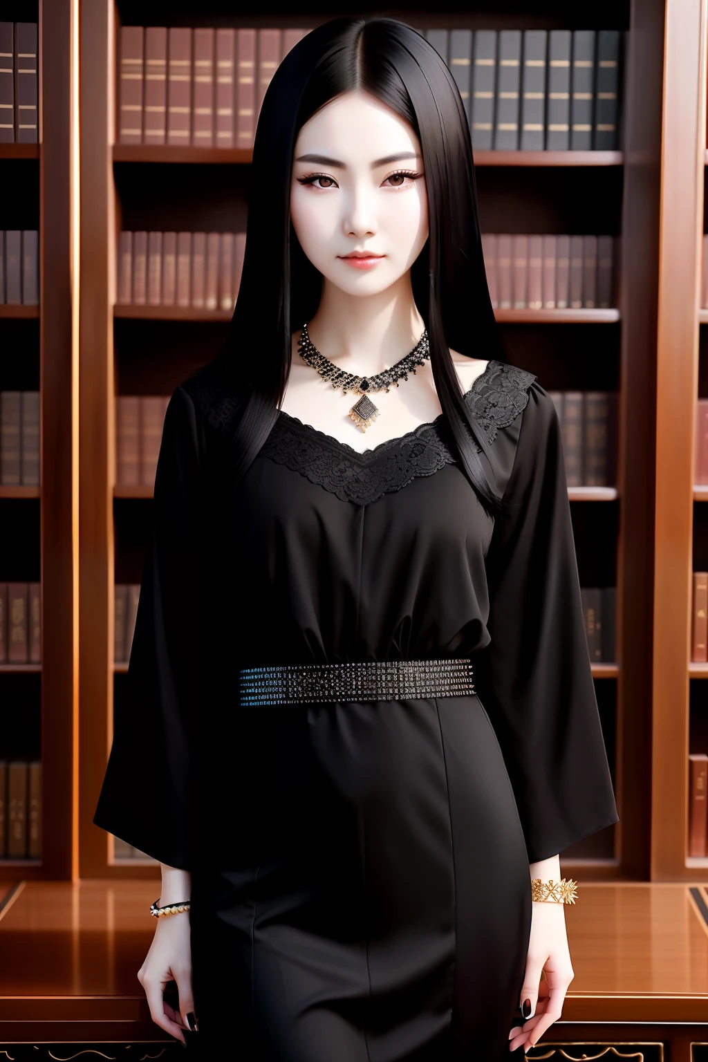 Photo of beautiful Chinese woman, black hair, (dark eyes), wearing black dress, jewelry, bracelets, library, (pale skin), (full body), detailed, high detail, sharp focus, depth of field, photorealistic