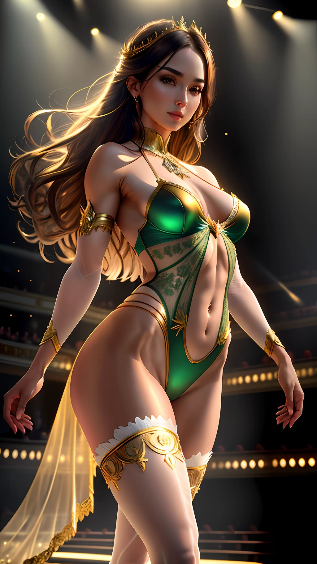 hyper-realistic super-detailed body of a slender woman 30 years old in full growth, dainty little body, small breasts, chest size e, small ass, show through,  European, (green gold sheer tight sexy lingerie fashion show)), (poses standing with legs apart (on the stage of the Bolshoi Theater)), body in oil, cleavage, many details on clothes, photo session, long hair, [:(detailed face:1.2):0.2], real perfect female anatomy, beautiful abs, beautiful symmetrical face, beautiful natural make-up, anatomically correct hands, perfect facial anatomy, high-quality textures, Ultra Photorealistic, sharp focus, contrasting light, accurate rays, grainy skin, intricate detailing, professional color correction, digital art, High Detail, Depth of Field, HDR Realistic, Photorealistic, White Color Correction, Ultra Photorealistic, Super Detailed, Intricate Details, Full Color, Volumetric Lighting, High Contrast, Golden Hour Award Winning, Best Photo, fia Professional Photography, 4D Rendering, Octane Rendering, Popular on artstation, behance winner, erte 12k, super sharp focus, 64K, UHD, (ripped clothing:0.8), perfect face, looking at viewer, (detailed skin: 1), natural lighting, (direct light:0.2), 8mm film grain, photographed on a Sony a9 II, 24mm lens, F/1.8 aperture, deep focus, (RAW), 64k