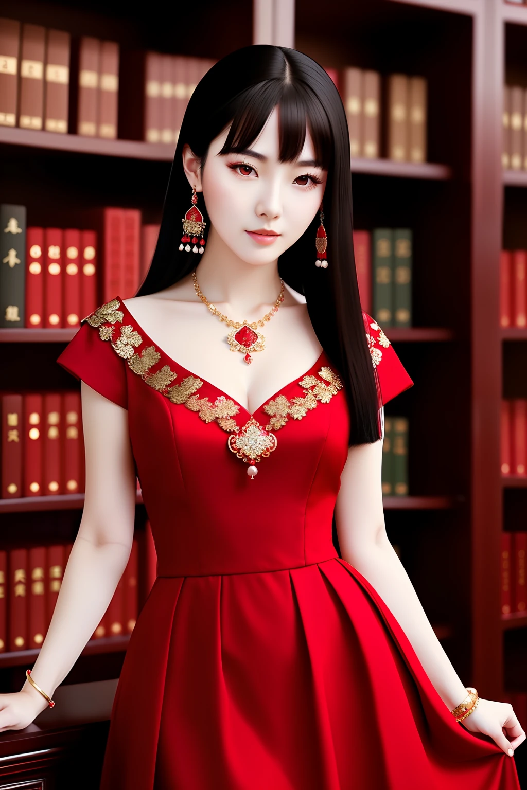 Photo of beautiful Chinese woman, black hair, (dark eyes), wearing red dress, jewelry, bracelets, library, (pale skin), (full body), detailed, high detail, sharp focus, depth of field, photorealistic