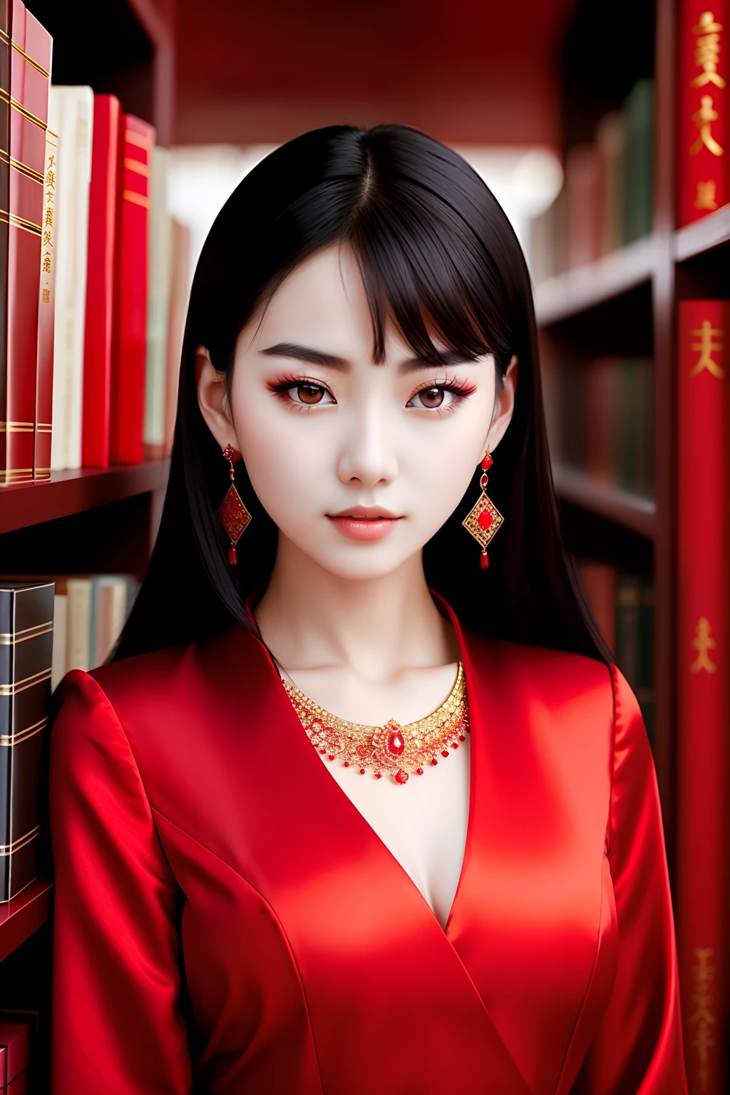 Photo of beautiful Chinese woman, black hair, (dark eyes), wearing red dress, jewelry, bracelets, library, (pale skin), (full body), detailed, high detail, sharp focus, depth of field, photorealistic