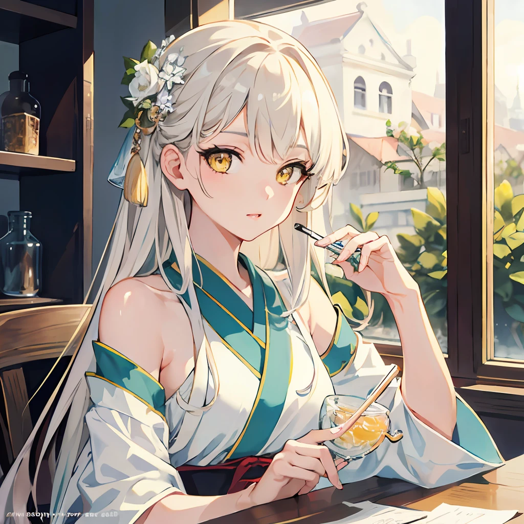 Highest Quality, Natural Lighting, High Resolution, Original, Ethereal Beauty, Seductive Gaze, Charming Poses, Otherworldly Charm, Very Detailed Wallpapers, Very Detailed Illustrations, (1 Girl), Charming Beautiful Gorgeous Woman, Perfect female body, beautiful eyes, (delicate face), (seductive expression), yellow eyes, influence, (beautiful details water: 1.4), (Hanfu, Tang style), red lips, (glass jar Girls in: 1.1),