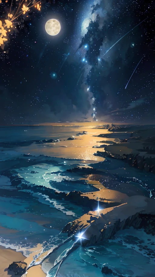 starry night sky with a beach and a full moon, digital art inspired by Makoto Shinkai, pixiv contest winner, space art, amazing wallpaper, cosmic skies. by makoto shinkai, beautiful wallpaper, background artwork, anime art wallpaper 4k, anime art wallpaper 4 k, anime background, anime art wallpaper 8 k, 4k highly detailed digital art