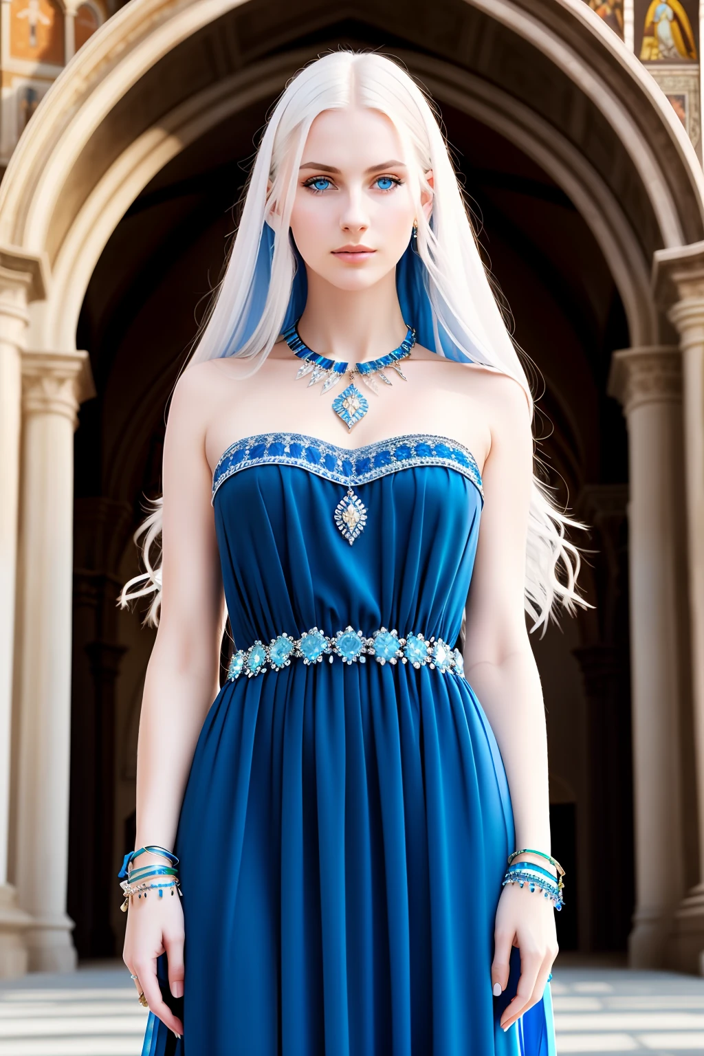 Photo of beautiful italian woman, long hair, (blue eyes), wearing blue dress, jewelry, bracelets, church, (pale skin), (full body), detailed, high detail, sharp focus, depth of field, photorealistic