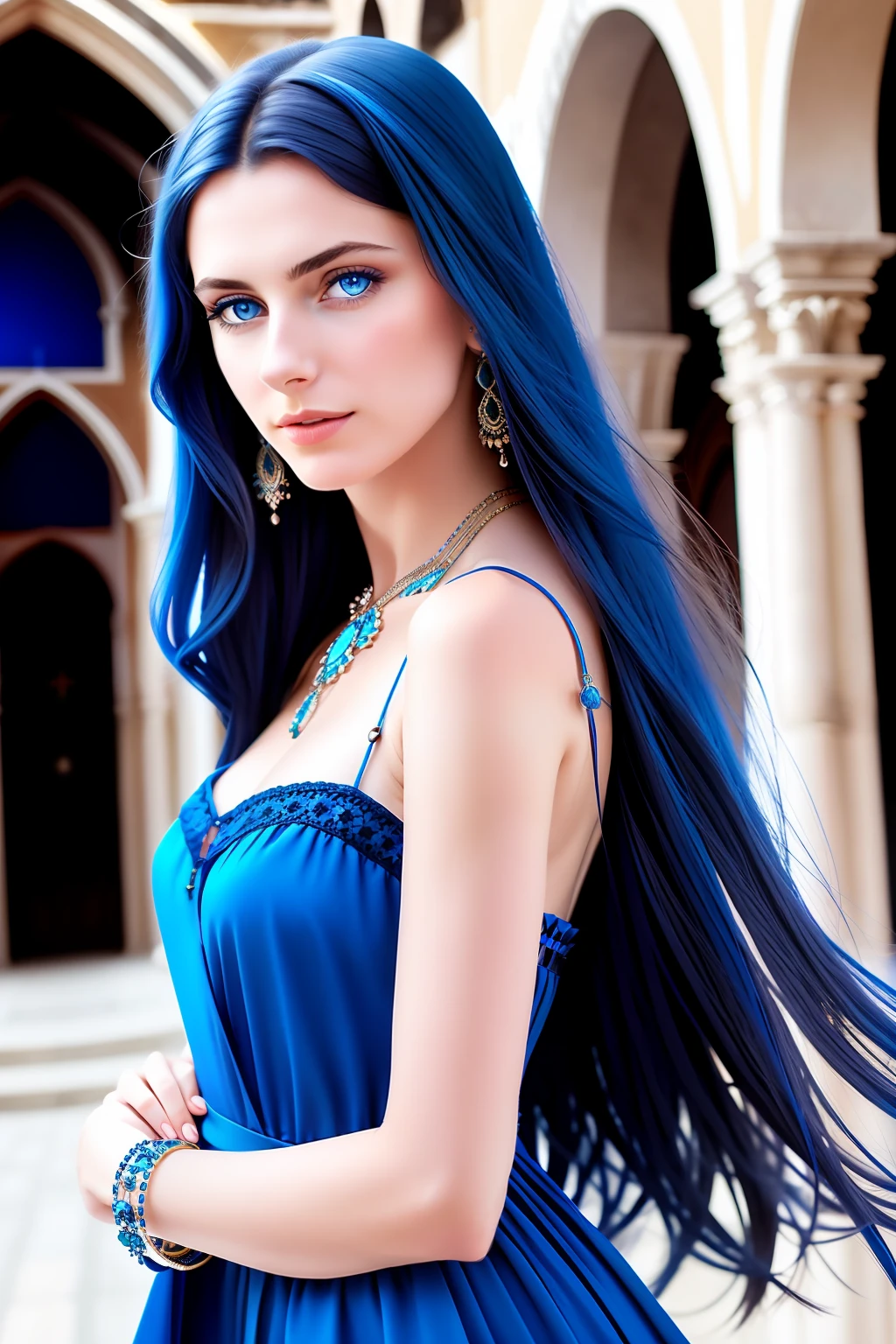 Photo of beautiful italian woman, long hair, (blue eyes), wearing blue dress, jewelry, bracelets, church, (pale skin), (full body), detailed, high detail, sharp focus, depth of field, photorealistic