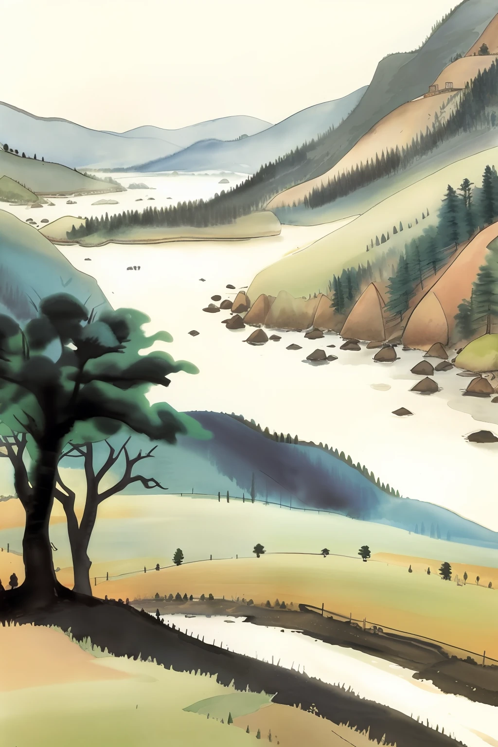 Watercolor landscapes with blurring and outline markers