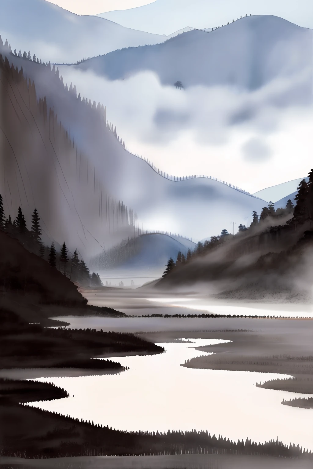 Watercolor landscapes with blurring and outline markers