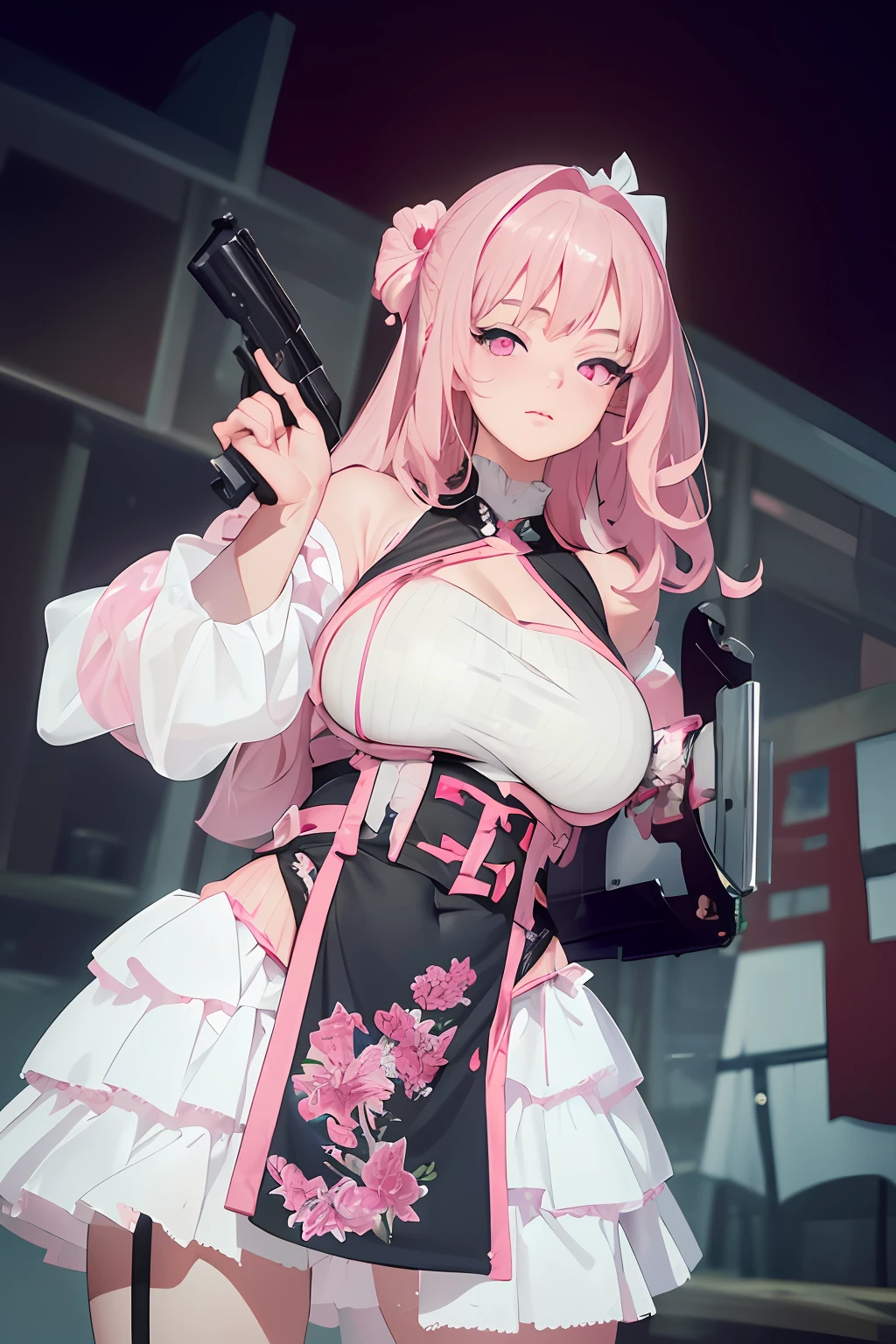 (masterpiece, sidelighting, finely detailed beautiful eyes: 1.2), masterpiece*portrait, realistic, 3d face, glowing pink eyes, shiny pink hair, shiny skin, solo, awkward, (belly), red bow , holding a gun, detailed face, close-up, looking at viewer, big boobs,
