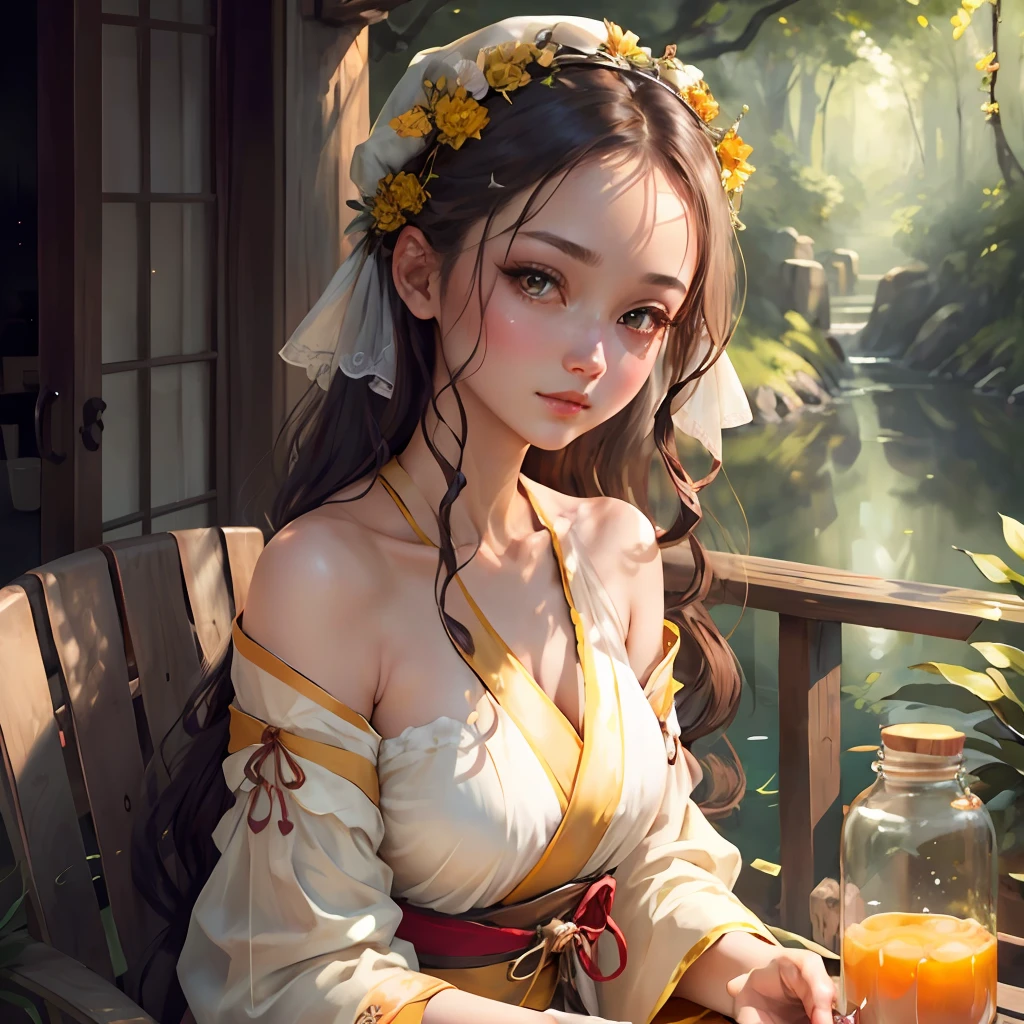 Highest Quality, Natural Lighting, High Resolution, Original, Ethereal Beauty, Seductive Gaze, Charming Poses, Otherworldly Charm, Very Detailed Wallpapers, Very Detailed Illustrations, (1 Girl), Charming Beautiful Gorgeous Woman, Perfect female body, beautiful eyes, (delicate face), (seductive expression), yellow eyes, influence, (beautiful details water: 1.4), (Hanfu, Tang style), red lips, (glass jar Girls in: 1.1),