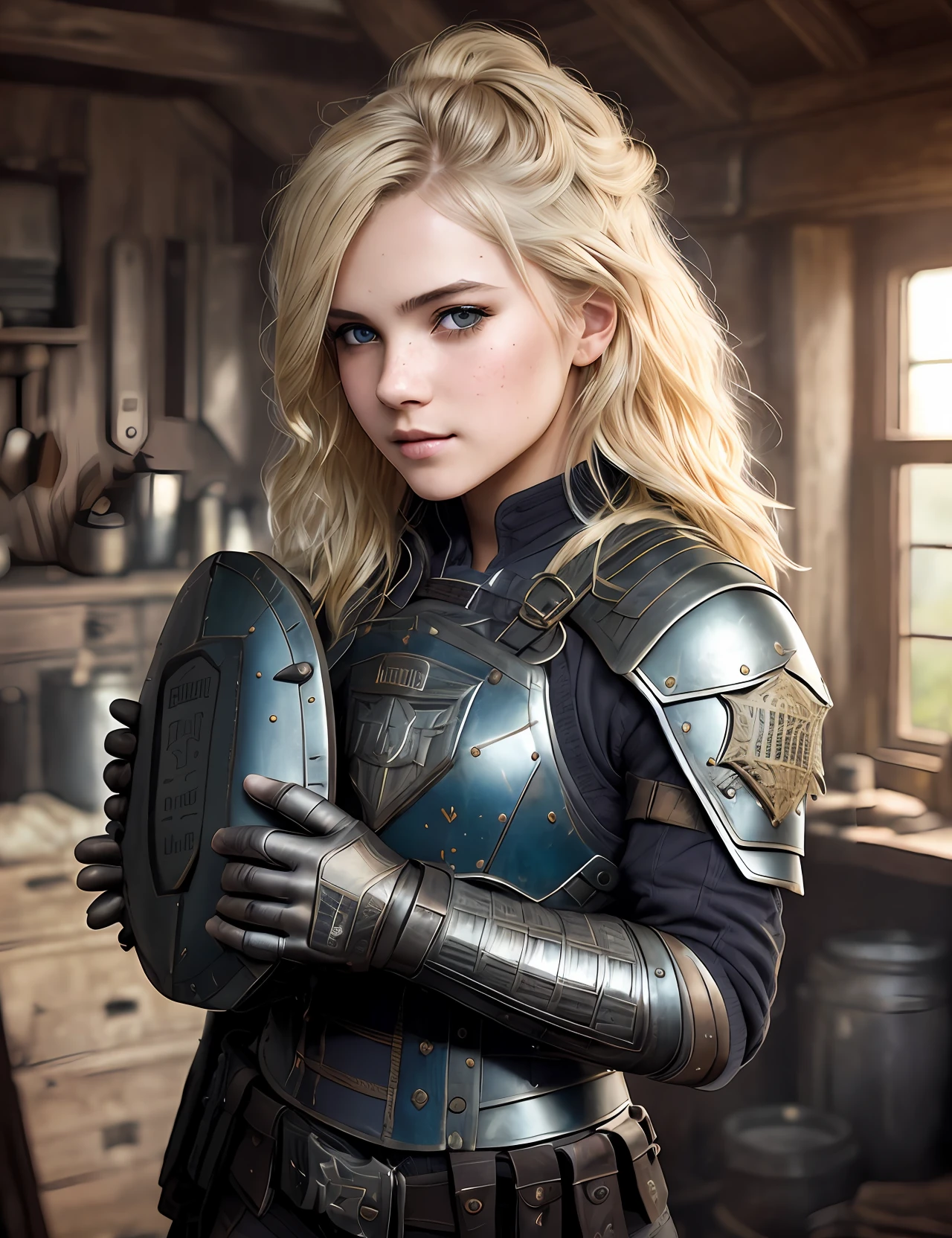 Extremely detailed RAW photo, portrait of a young robber woman in damaged leather armor (crocheted leggings), (giggle), fine eyes, sharp jaw, detailed face (dirty blonde hair) , by Greg Rutkowski (Yoji Shinkawa: 0.2), bokeh, medieval city