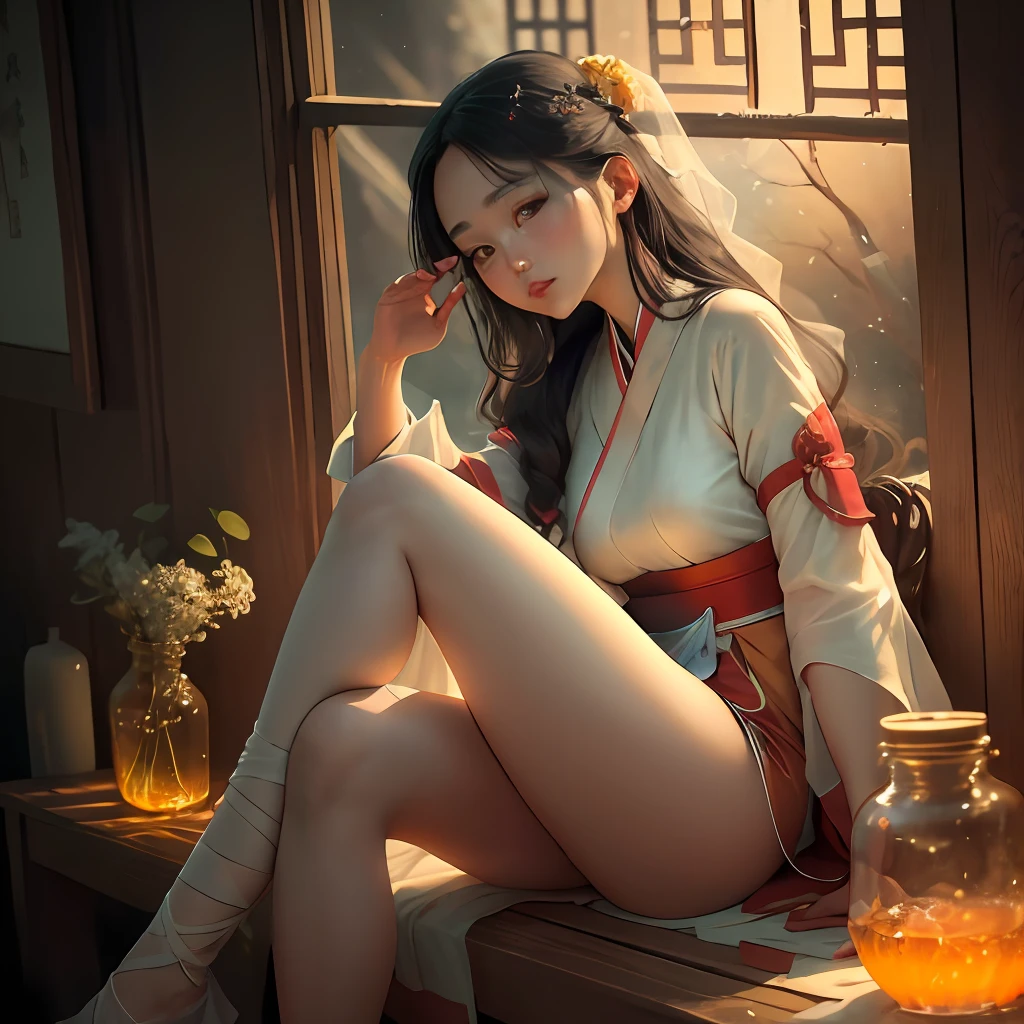 Highest quality, natural light, high resolution, original, ethereal beauty, looking out the window, charming pose, sitting, legs together, thighs, bandaged, bandaged legs, otherworldly, very detailed wallpaper, very detailed Illustration, (1 girl), charming beautiful gorgeous woman, perfect female body, beautiful eyes, (delicate face), (seductive expression), yellow eyes, effect, (beautiful detail water: 1.4) , (Hanfu, Tang style), red lips, (Girl in a glass jar: 1.1),