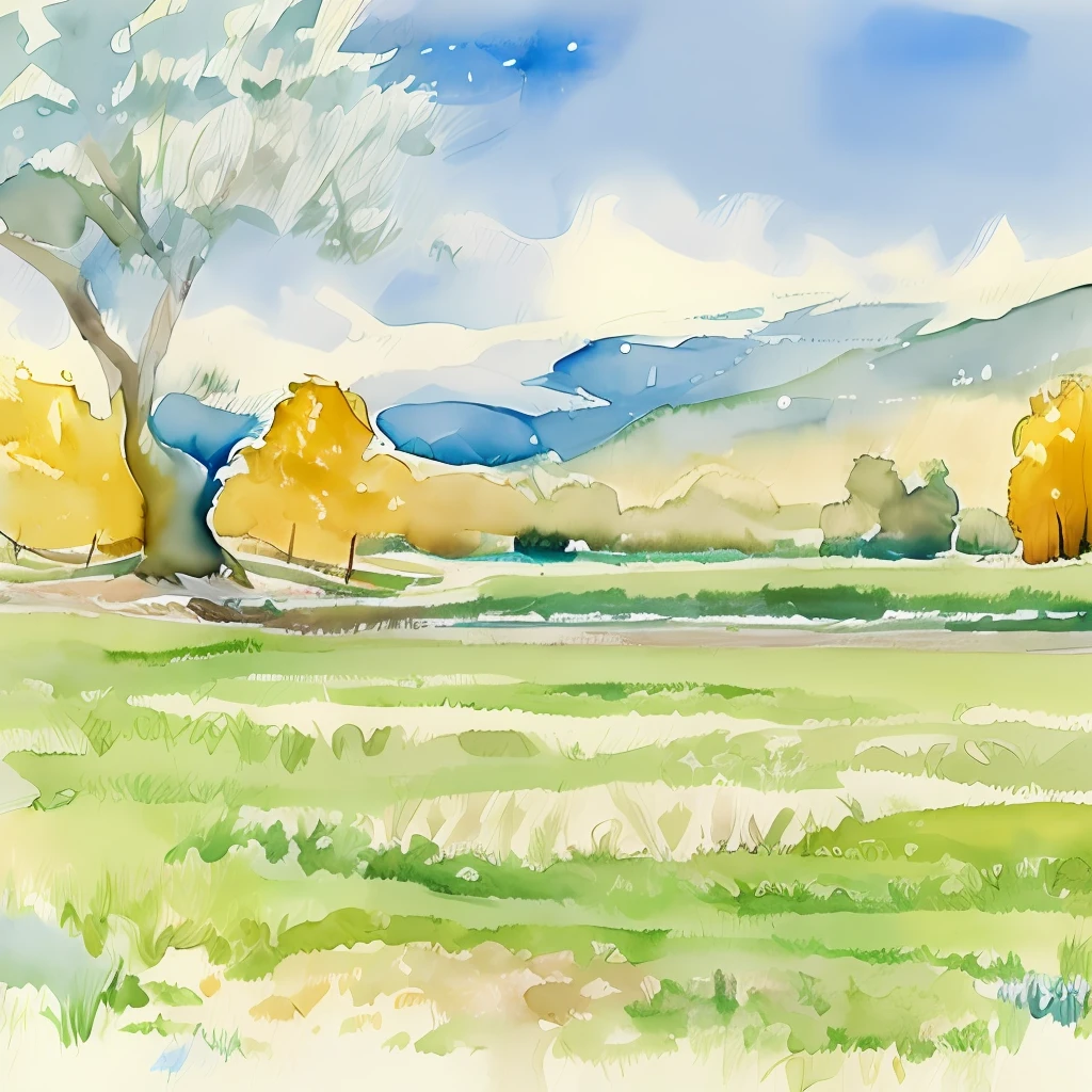 Watercolor landscapes with blur and contour markers, the rays of the sun break through the clouds, fill light