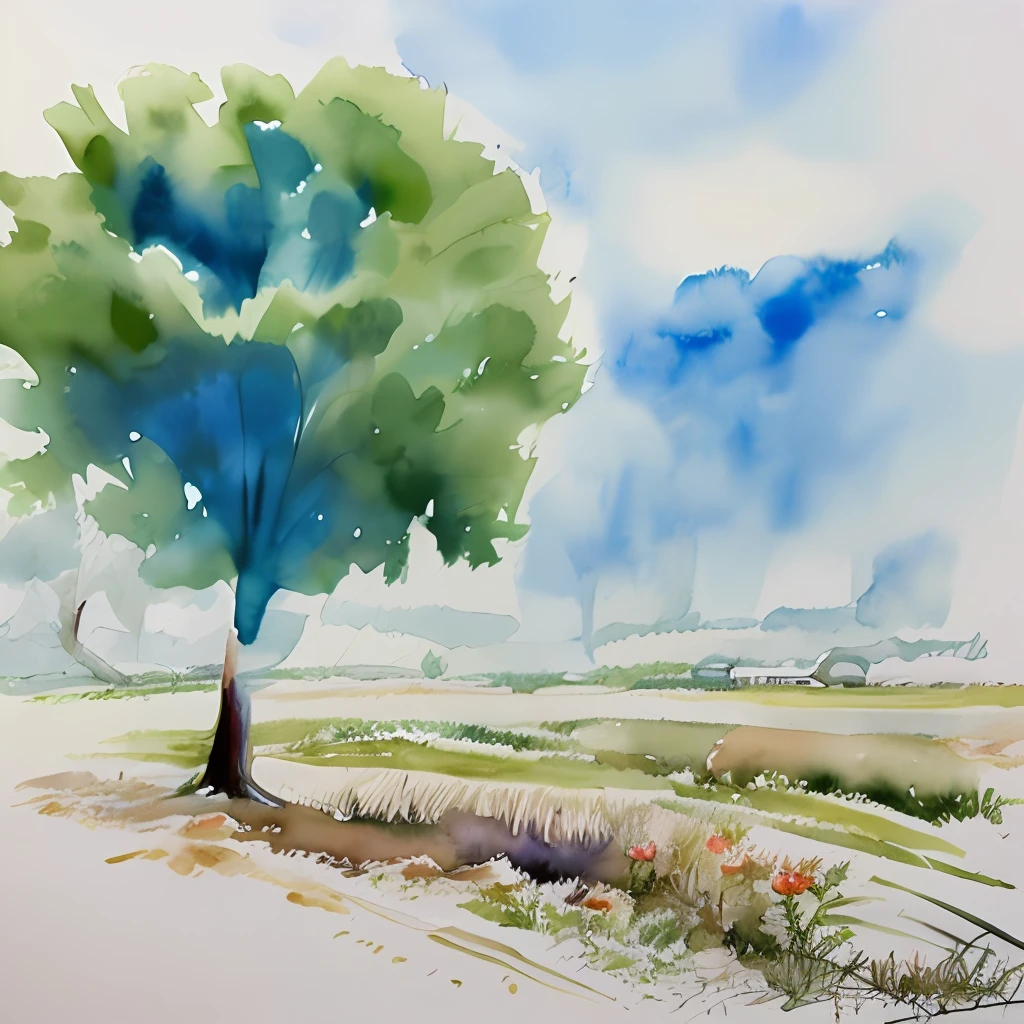 Watercolor landscapes with blur and contour markers, the rays of the sun break through the clouds, fill light