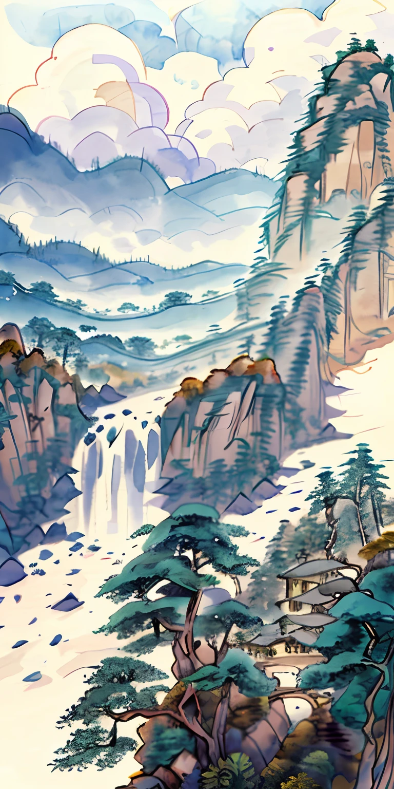 Watercolor landscapes with blur and contour markers, the rays of the sun break through the clouds, fill light
