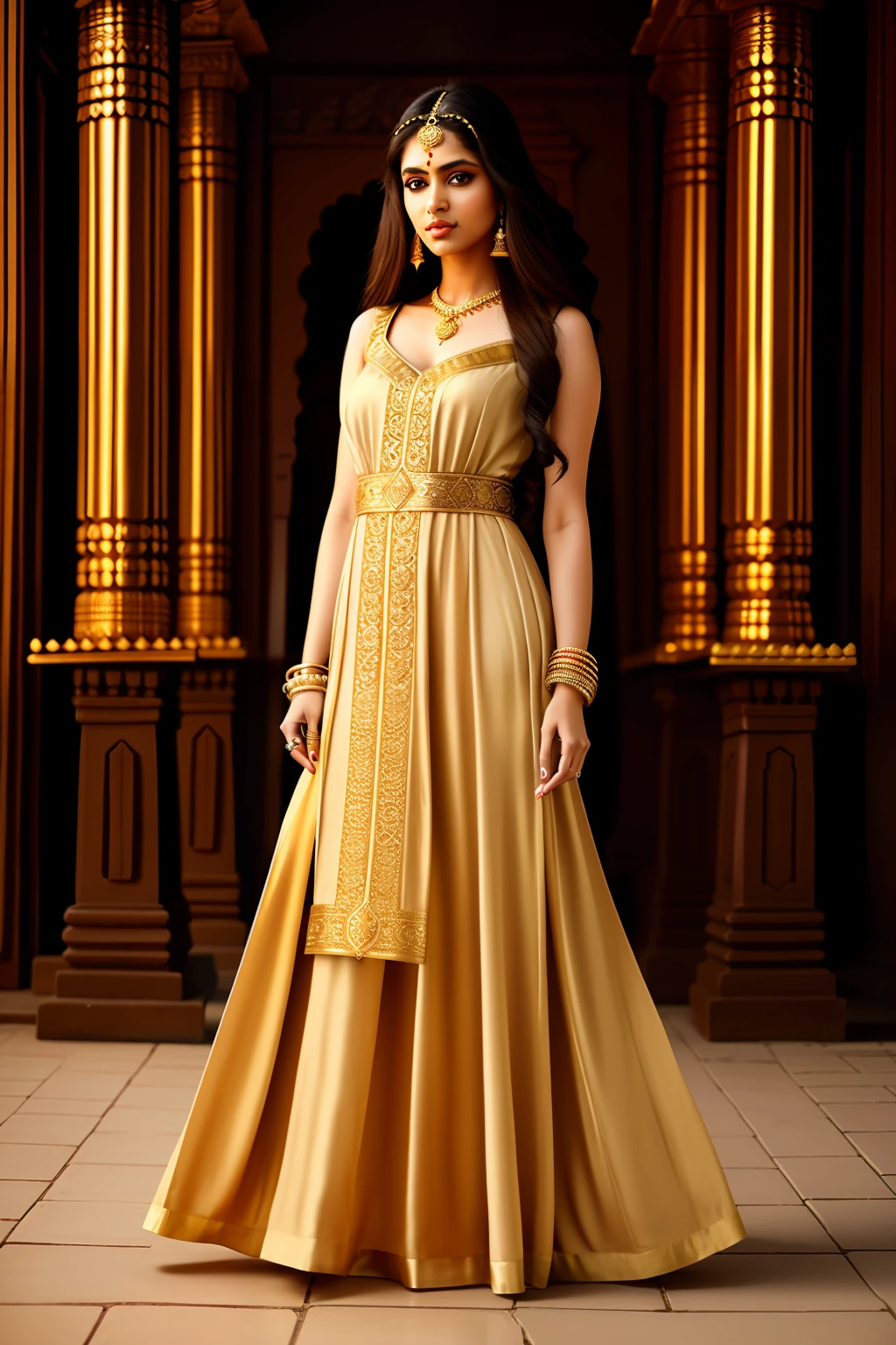 Photo of beautiful Indian woman, long hair, (eyes), wearing khaki gown, jewelry, bracelets, temple, (pale skin), (full body), detailed, high detail, sharp focus, depth of field, photorealistic