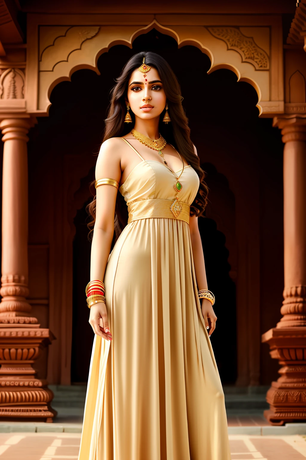Photo of beautiful Indian woman, long hair, (eyes), wearing khaki gown, jewelry, bracelets, temple, (pale skin), (full body), detailed, high detail, sharp focus, depth of field, photorealistic