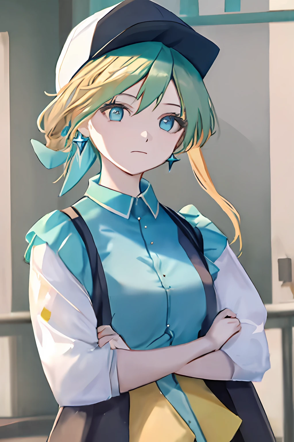 1girl, aqua eyes, baseball cap, blonde hair, closed mouth, earrings, green background, hat, hoop earrings, jewelry, looking at viewer, shirt, short hair, simple background, solo, upper body, yellow shirt