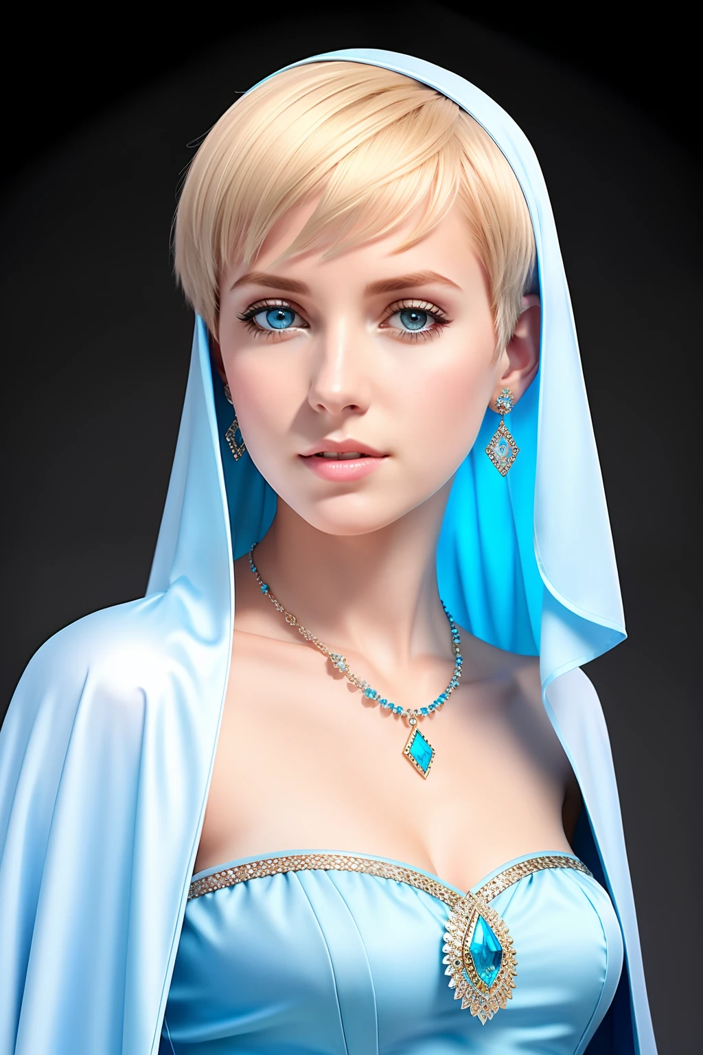 Photo of beautiful South African woman, short hair, (eyes), wearing light blue dress, jewelry, bracelets, cape, (pale skin), (full body), detailed, high detail, sharp focus, depth of field, photorealistic