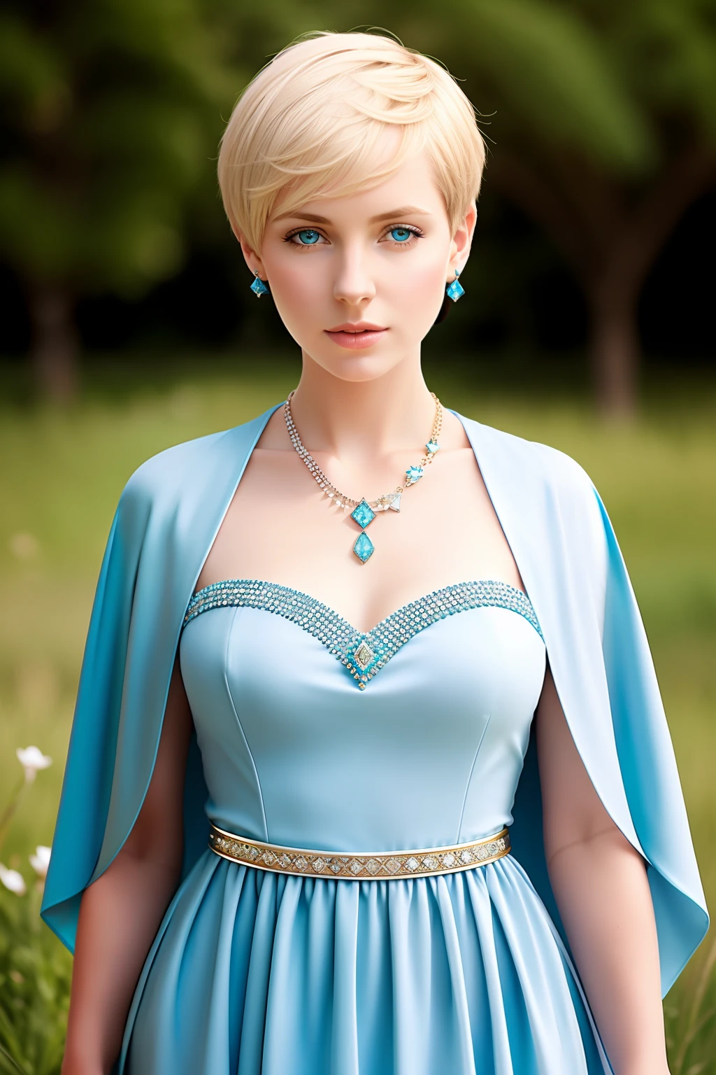 Photo of beautiful South African woman, short hair, (eyes), wearing light blue dress, jewelry, bracelets, cape, (pale skin), (full body), detailed, high detail, sharp focus, depth of field, photorealistic
